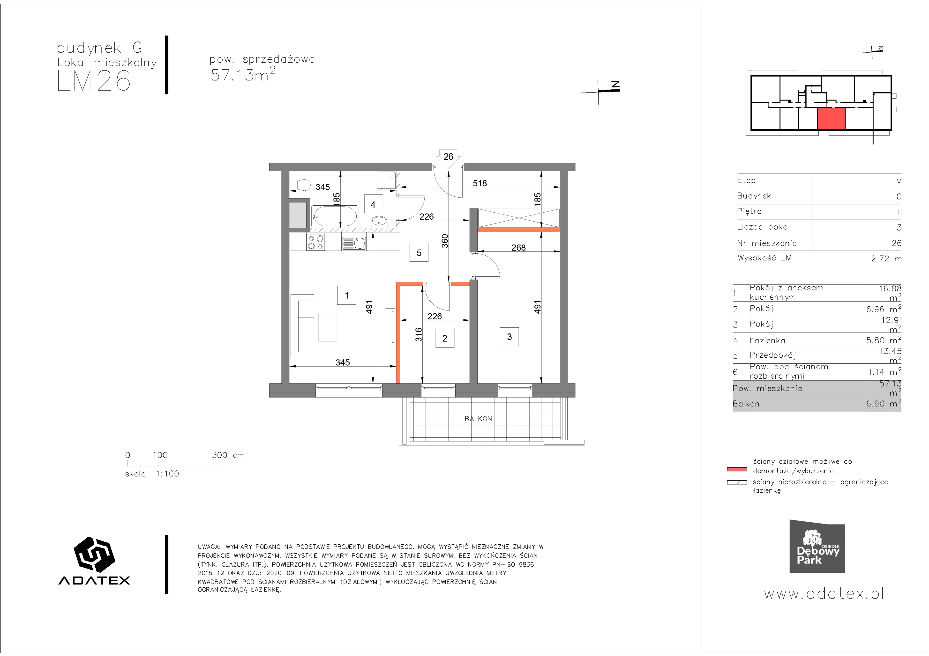 3 pokoje, mieszkanie 57,13 m², piętro 2, oferta nr G26, Osiedle Dębowy Park, Siemianowice Śląskie, Bytków, ul. Oświęcimska 7a