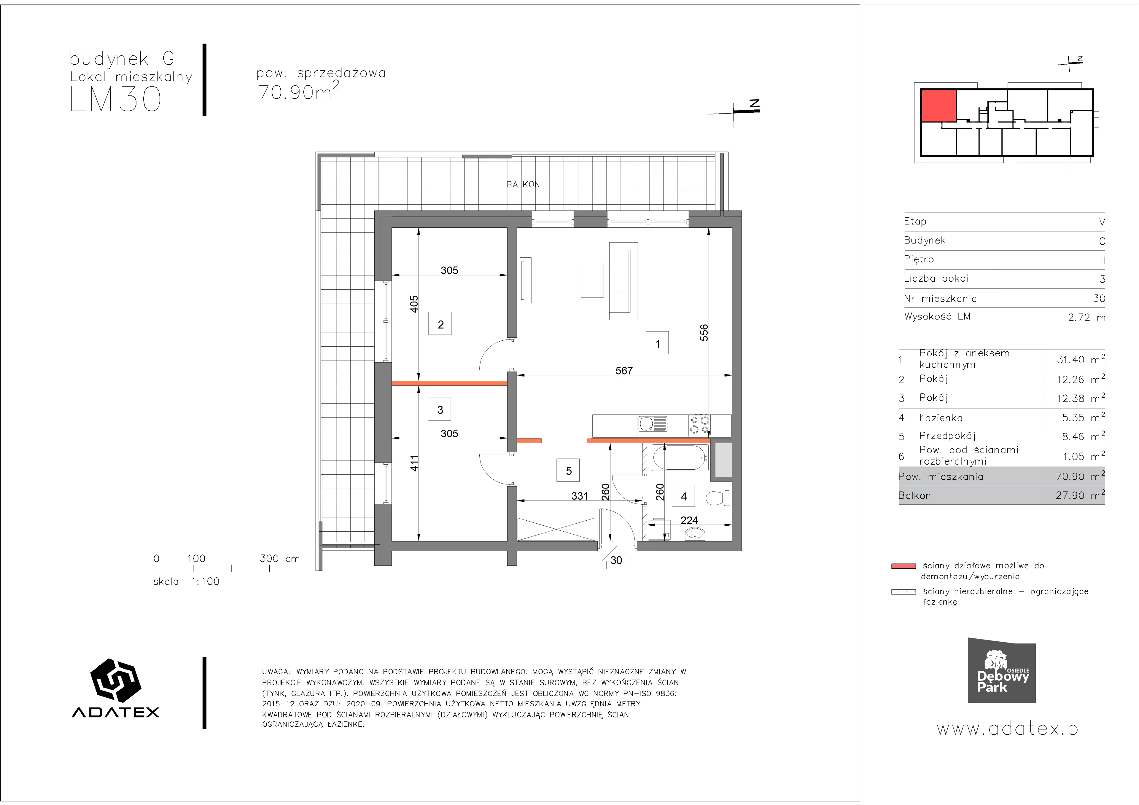 3 pokoje, mieszkanie 70,90 m², piętro 2, oferta nr G30, Osiedle Dębowy Park, Siemianowice Śląskie, Bytków, ul. Oświęcimska 7a