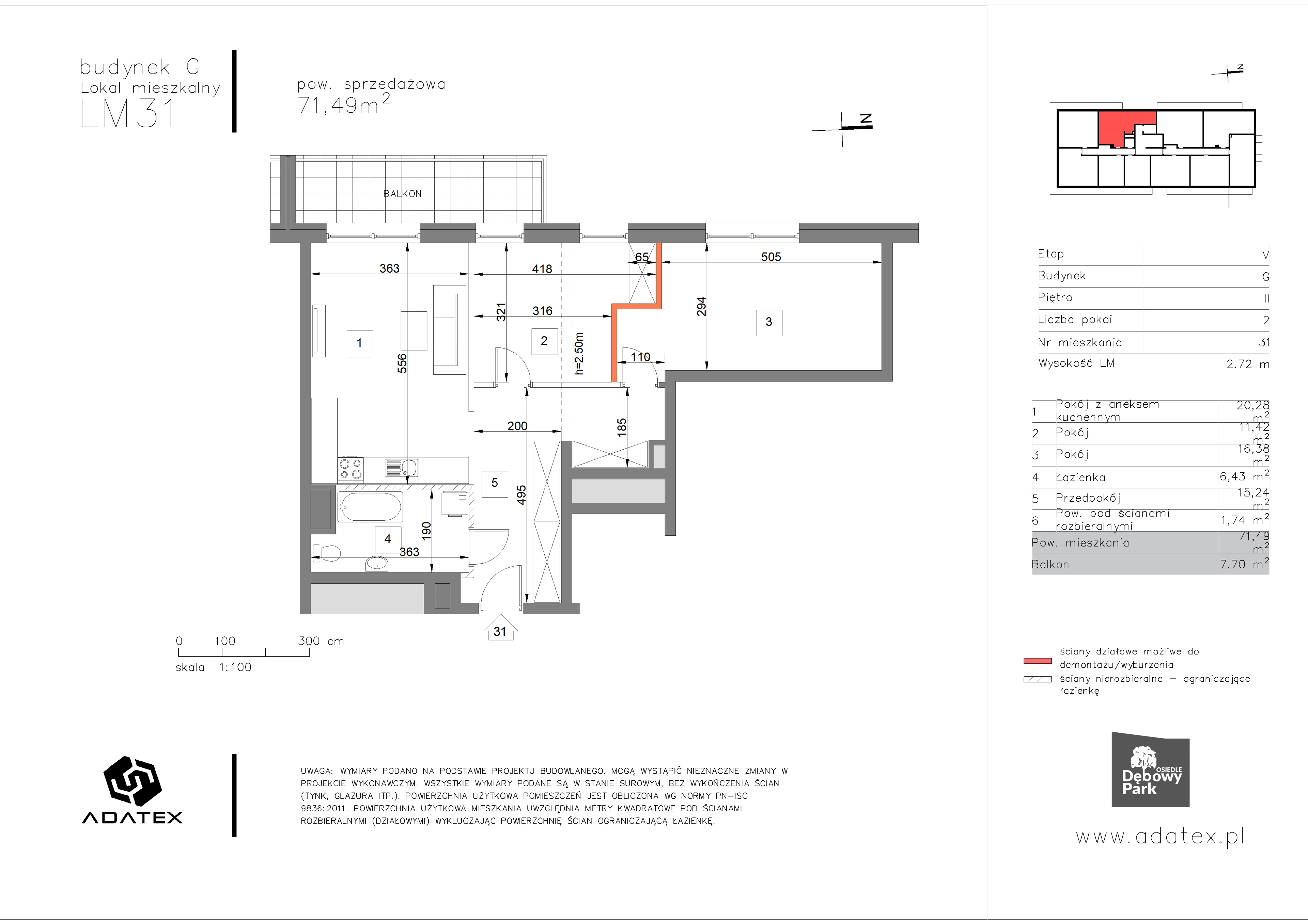 3 pokoje, mieszkanie 71,49 m², piętro 2, oferta nr G31, Osiedle Dębowy Park, Siemianowice Śląskie, Bytków, ul. Oświęcimska 7a