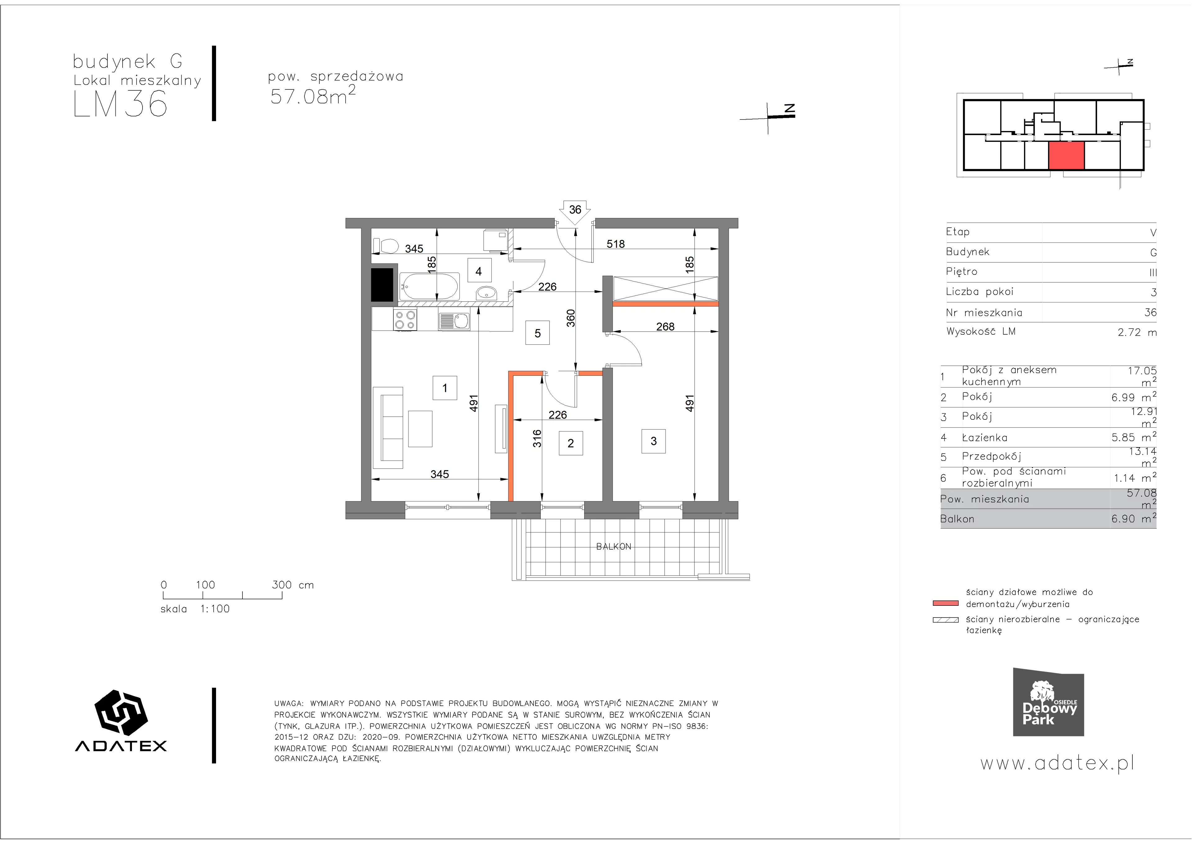 3 pokoje, mieszkanie 57,08 m², piętro 3, oferta nr G36, Osiedle Dębowy Park, Siemianowice Śląskie, Bytków, ul. Oświęcimska 7a