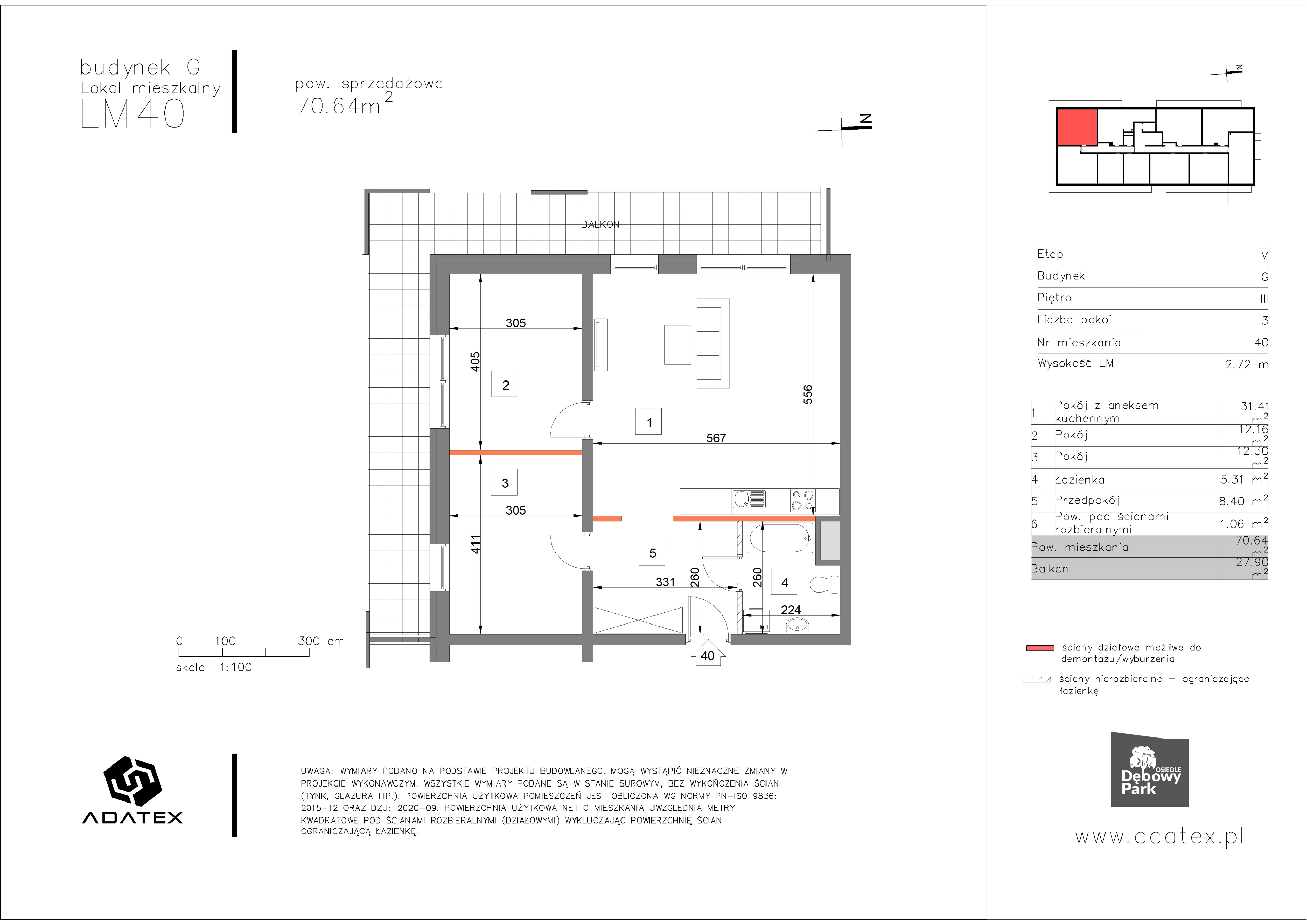 3 pokoje, mieszkanie 70,64 m², piętro 3, oferta nr G40, Osiedle Dębowy Park, Siemianowice Śląskie, Bytków, ul. Oświęcimska 7a