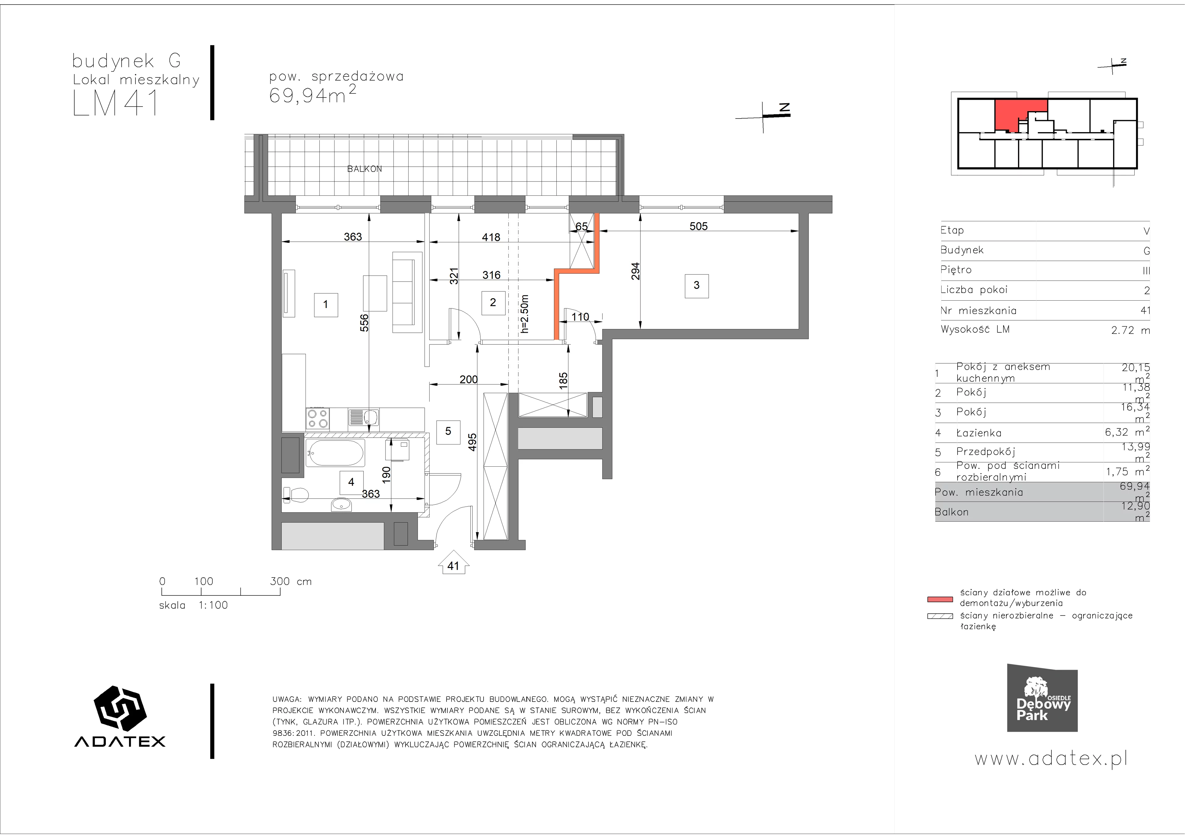 3 pokoje, mieszkanie 69,94 m², piętro 3, oferta nr G41, Osiedle Dębowy Park, Siemianowice Śląskie, Bytków, ul. Oświęcimska 7a