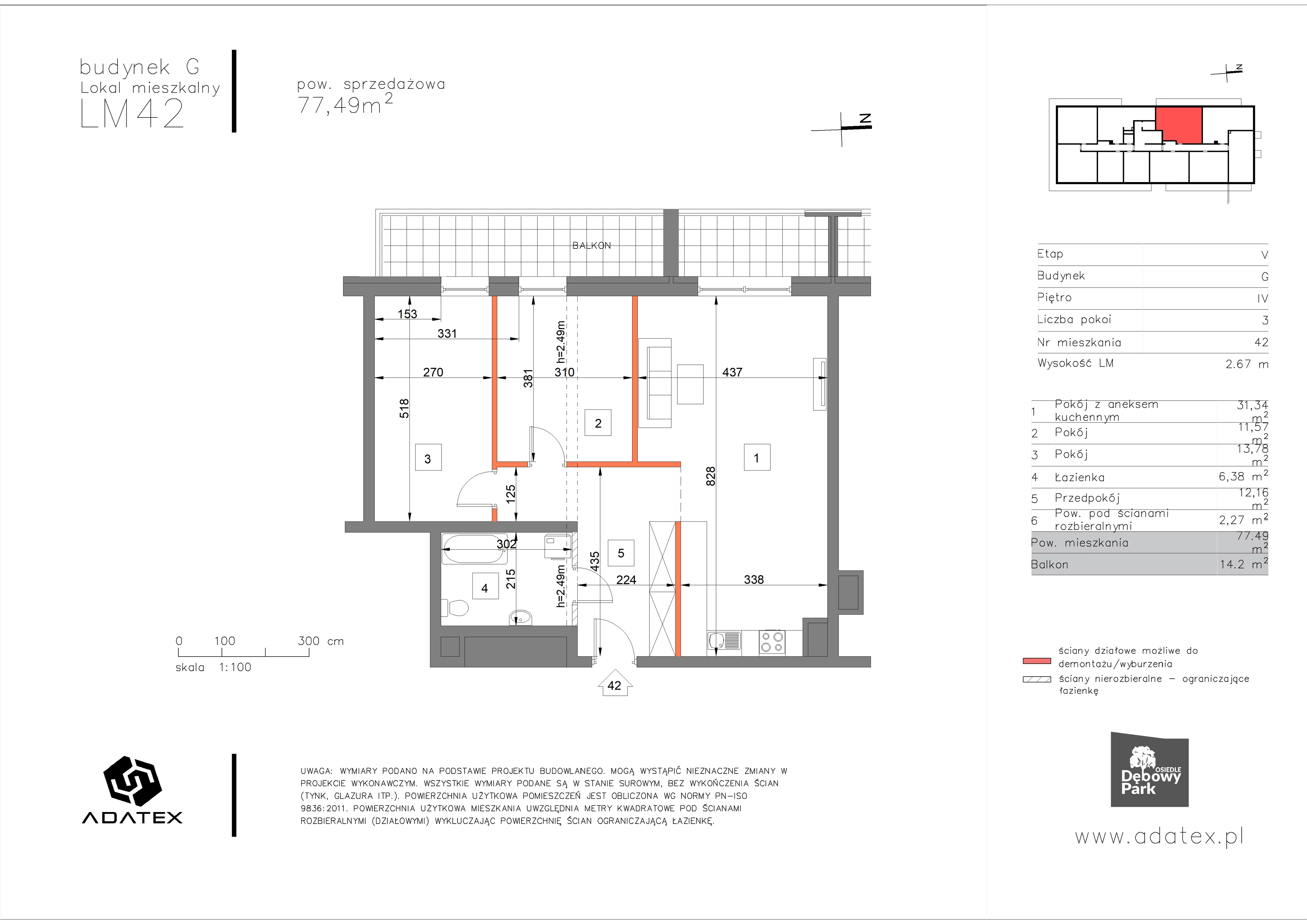 3 pokoje, mieszkanie 77,49 m², piętro 4, oferta nr G42, Osiedle Dębowy Park, Siemianowice Śląskie, Bytków, ul. Oświęcimska 7a