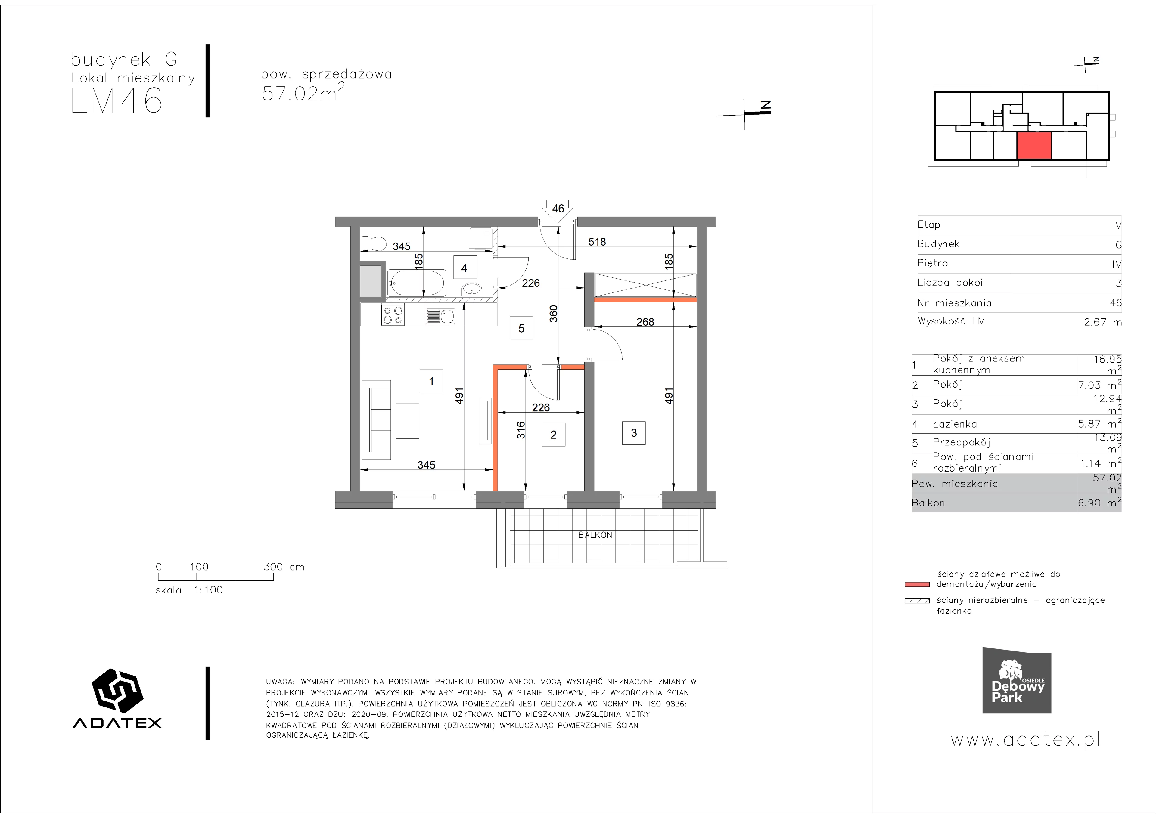 3 pokoje, mieszkanie 57,02 m², piętro 4, oferta nr G46, Osiedle Dębowy Park, Siemianowice Śląskie, Bytków, ul. Oświęcimska 7a