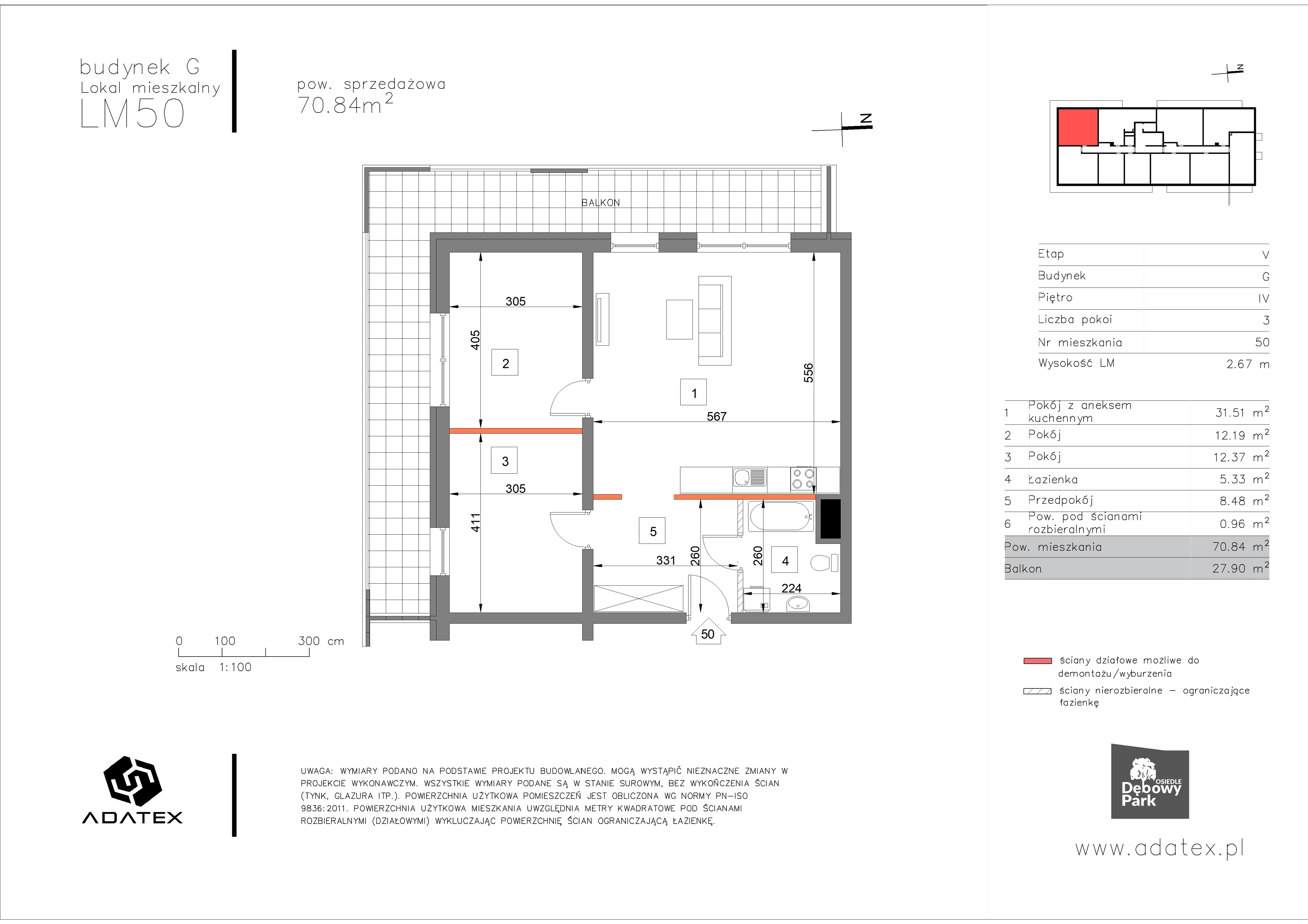 3 pokoje, mieszkanie 70,84 m², piętro 4, oferta nr G50, Osiedle Dębowy Park, Siemianowice Śląskie, Bytków, ul. Oświęcimska 7a