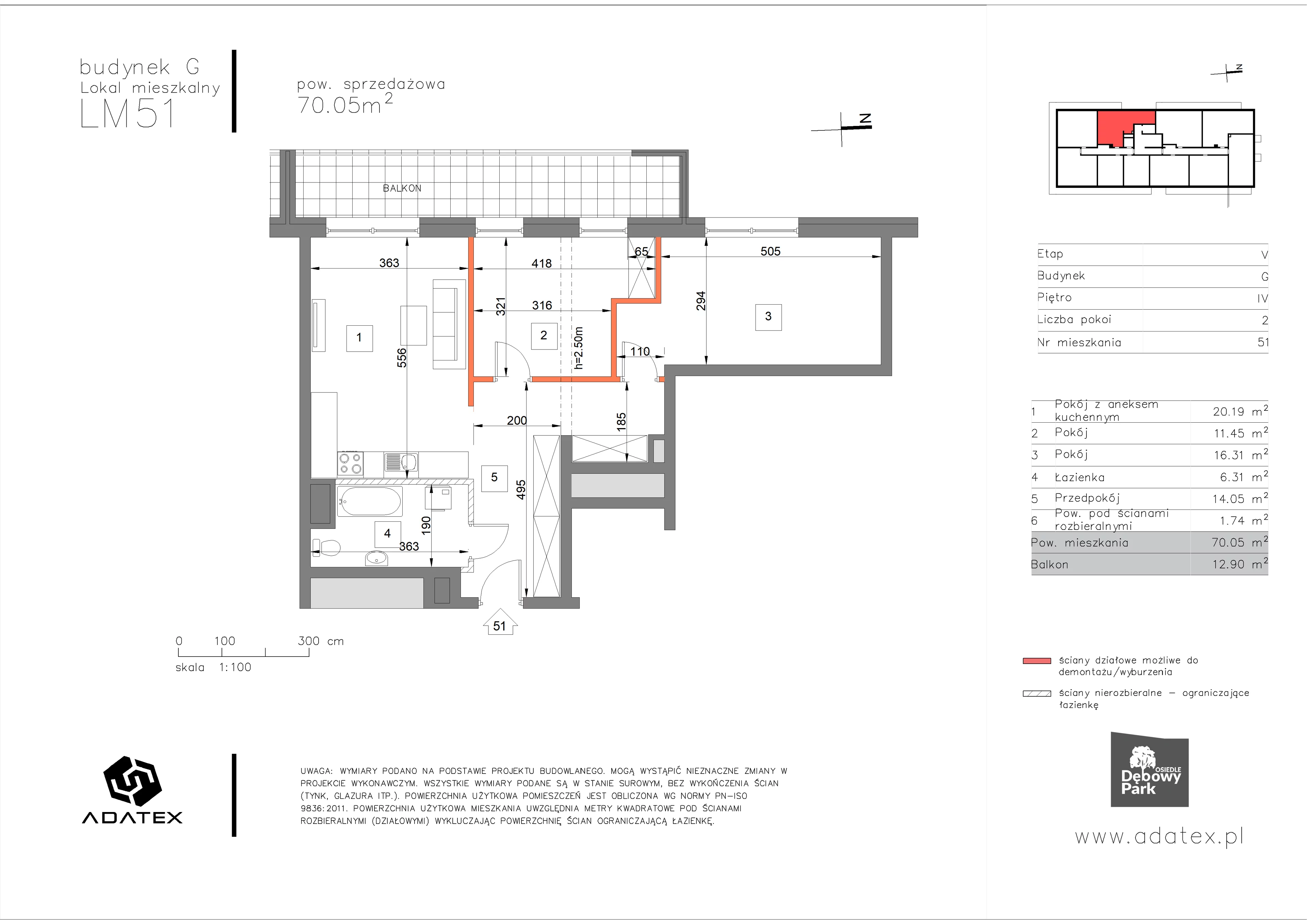 3 pokoje, mieszkanie 70,05 m², piętro 4, oferta nr G51, Osiedle Dębowy Park, Siemianowice Śląskie, Bytków, ul. Oświęcimska 7a