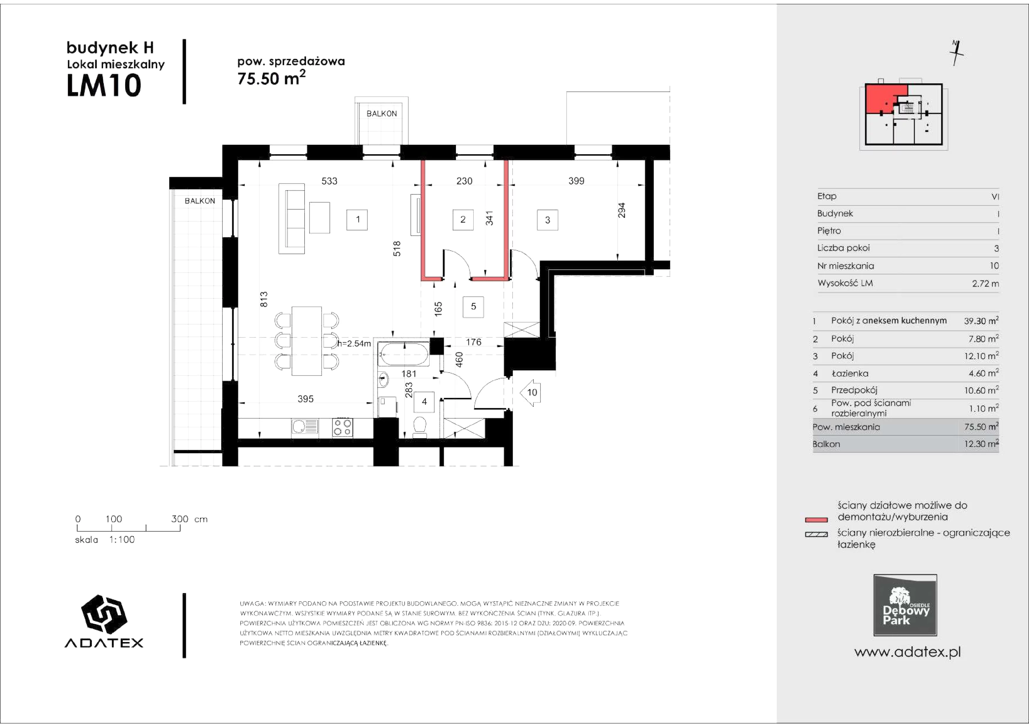 3 pokoje, mieszkanie 75,50 m², piętro 1, oferta nr H10, Osiedle Dębowy Park, Siemianowice Śląskie, Bytków, ul. Oświęcimska 7a