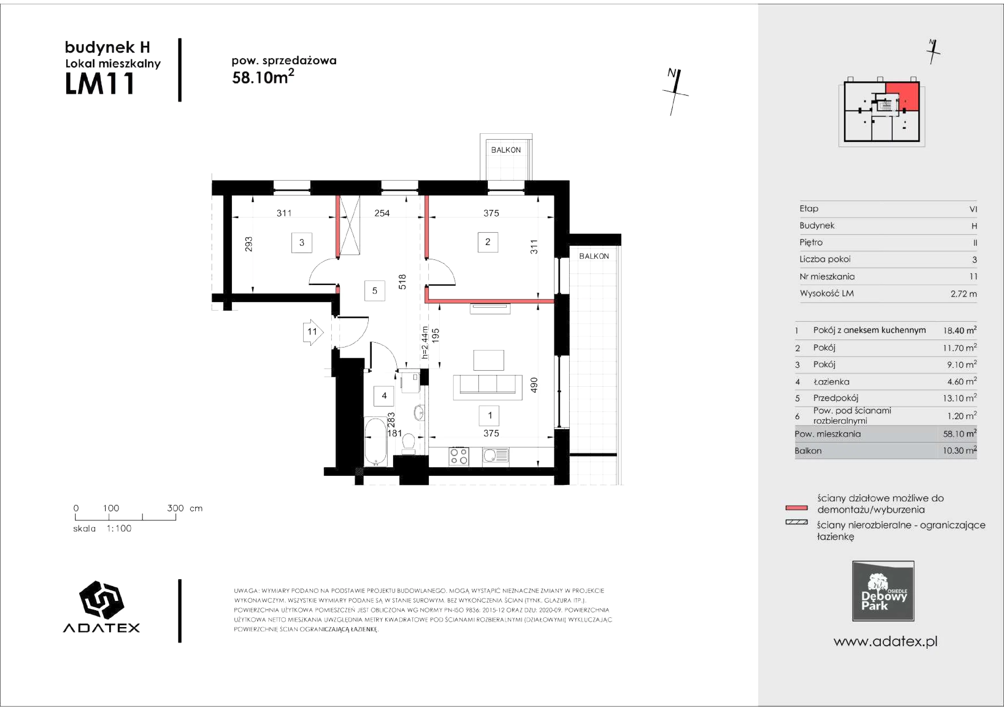 3 pokoje, mieszkanie 58,44 m², piętro 2, oferta nr H11, Osiedle Dębowy Park, Siemianowice Śląskie, Bytków, ul. Oświęcimska 7a