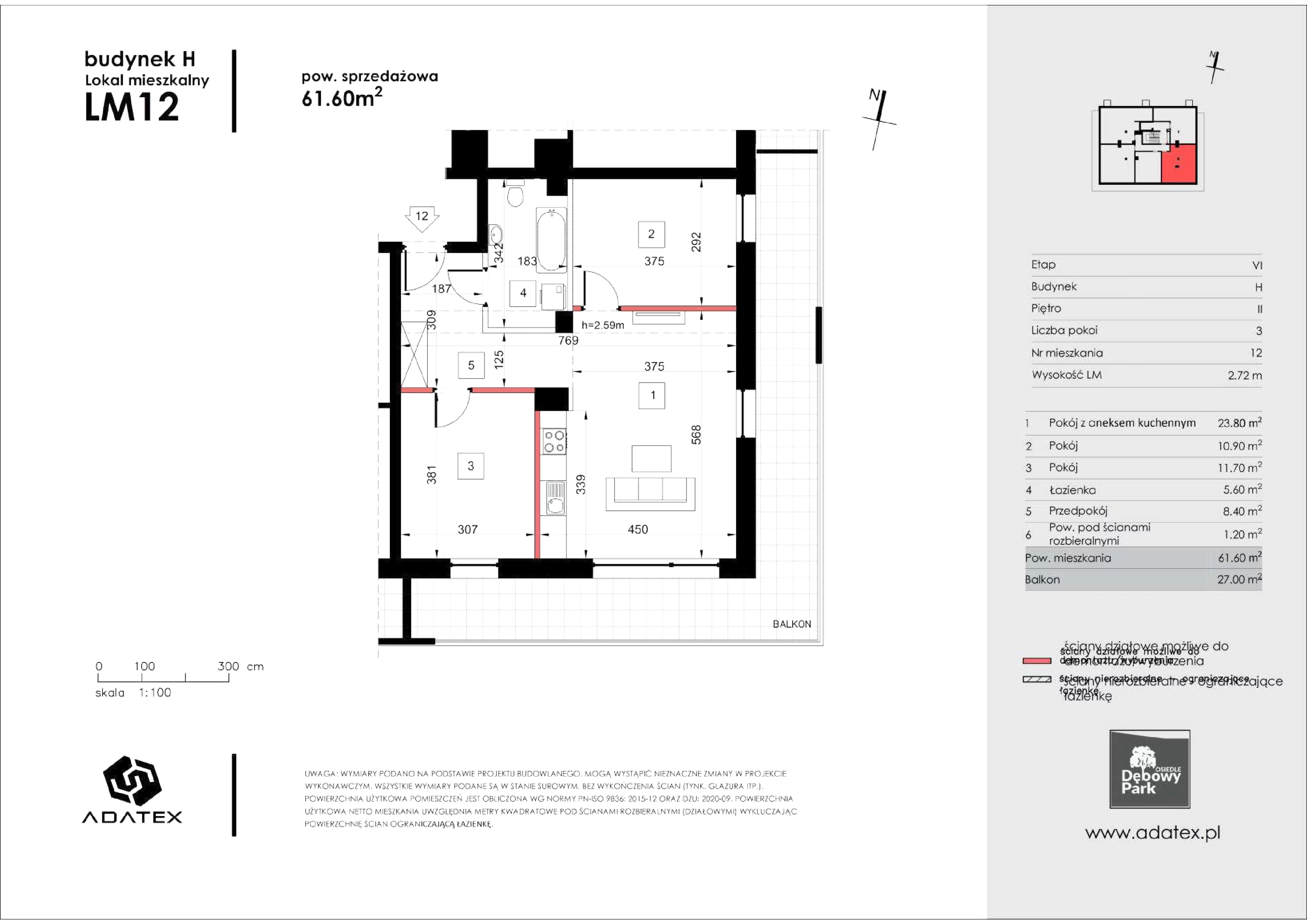 3 pokoje, mieszkanie 61,60 m², piętro 2, oferta nr H12, Osiedle Dębowy Park, Siemianowice Śląskie, Bytków, ul. Oświęcimska 7a