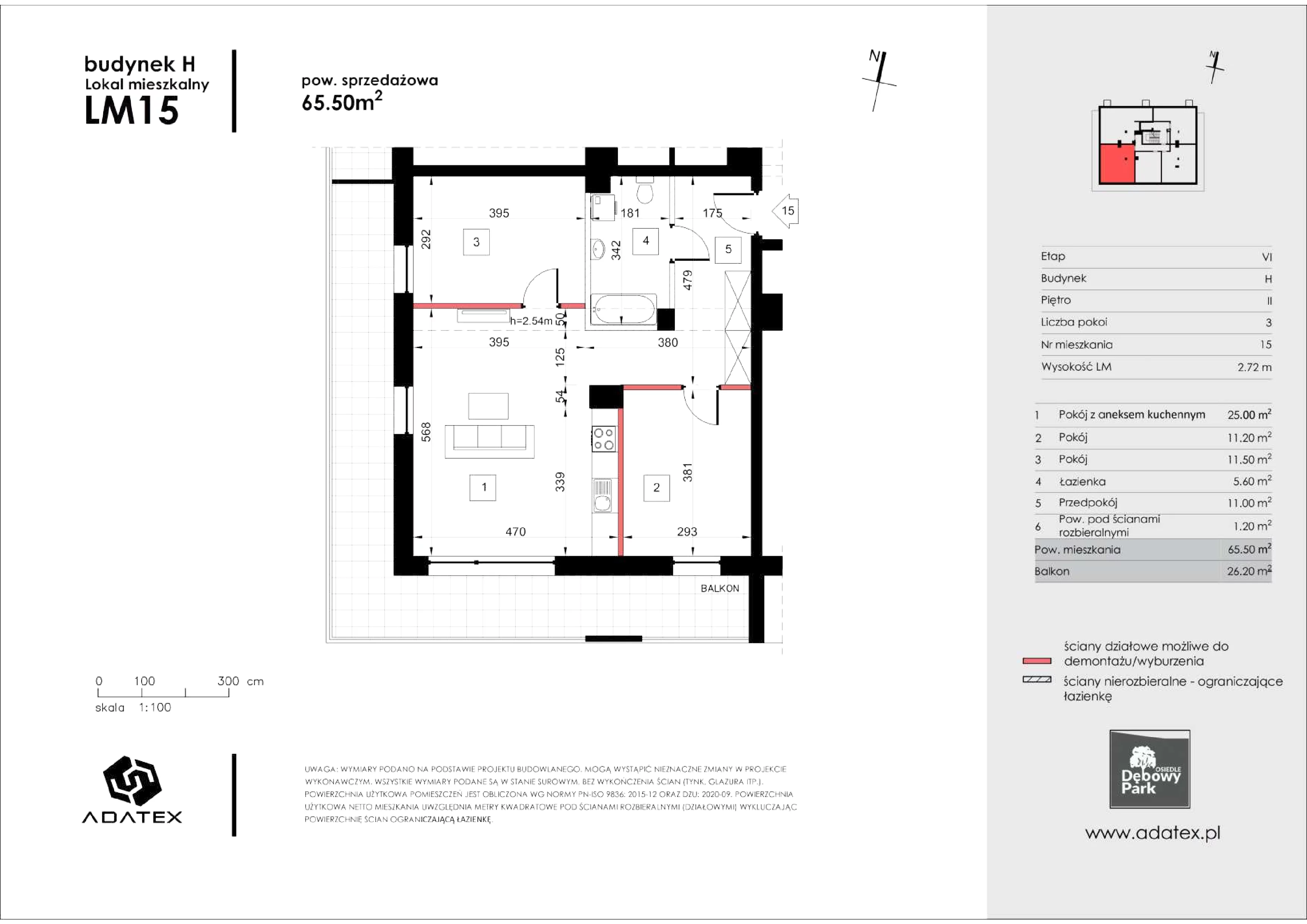 3 pokoje, mieszkanie 65,50 m², piętro 2, oferta nr H15, Osiedle Dębowy Park, Siemianowice Śląskie, Bytków, ul. Oświęcimska 7a