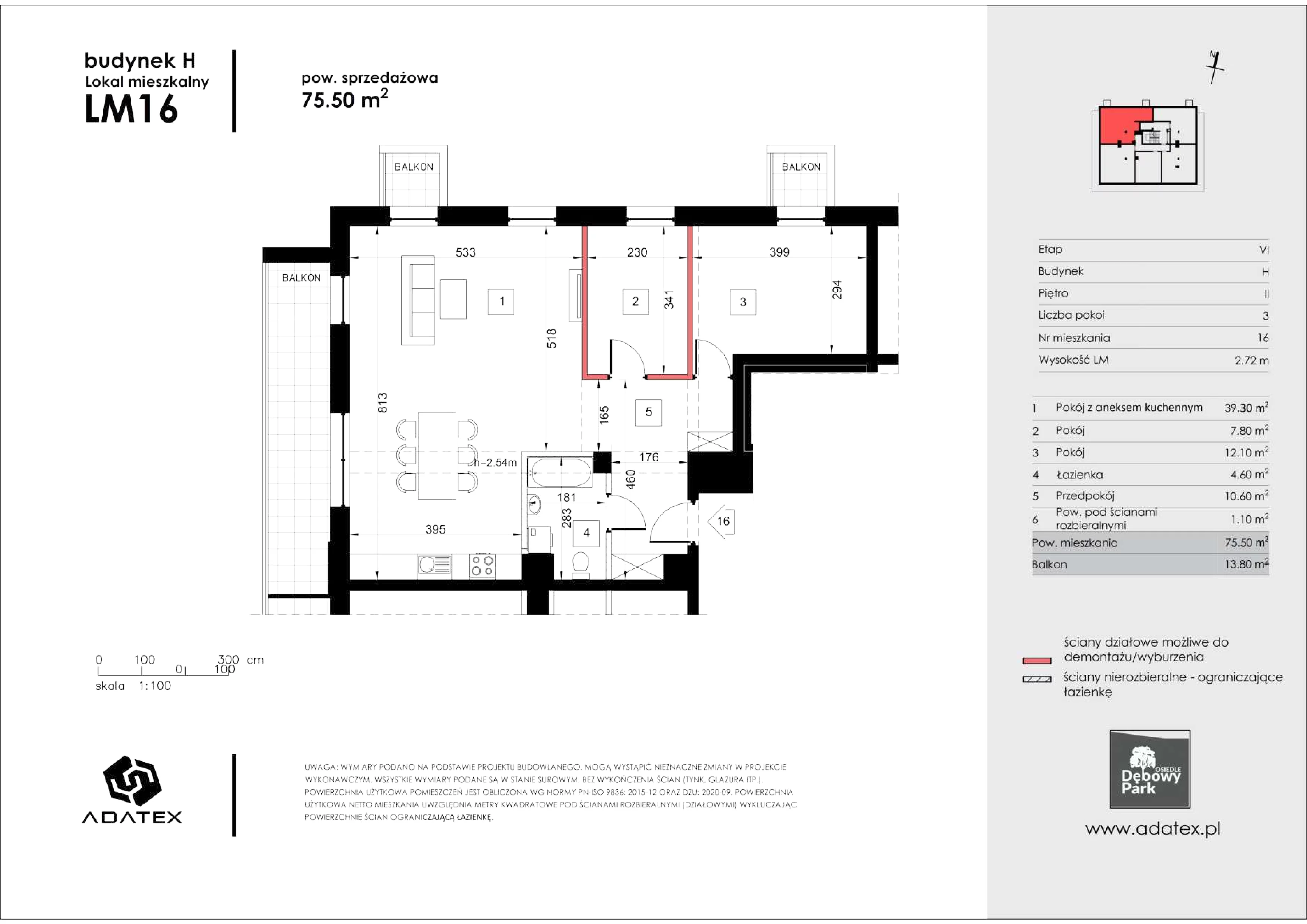 3 pokoje, mieszkanie 75,50 m², piętro 2, oferta nr H16, Osiedle Dębowy Park, Siemianowice Śląskie, Bytków, ul. Oświęcimska 7a