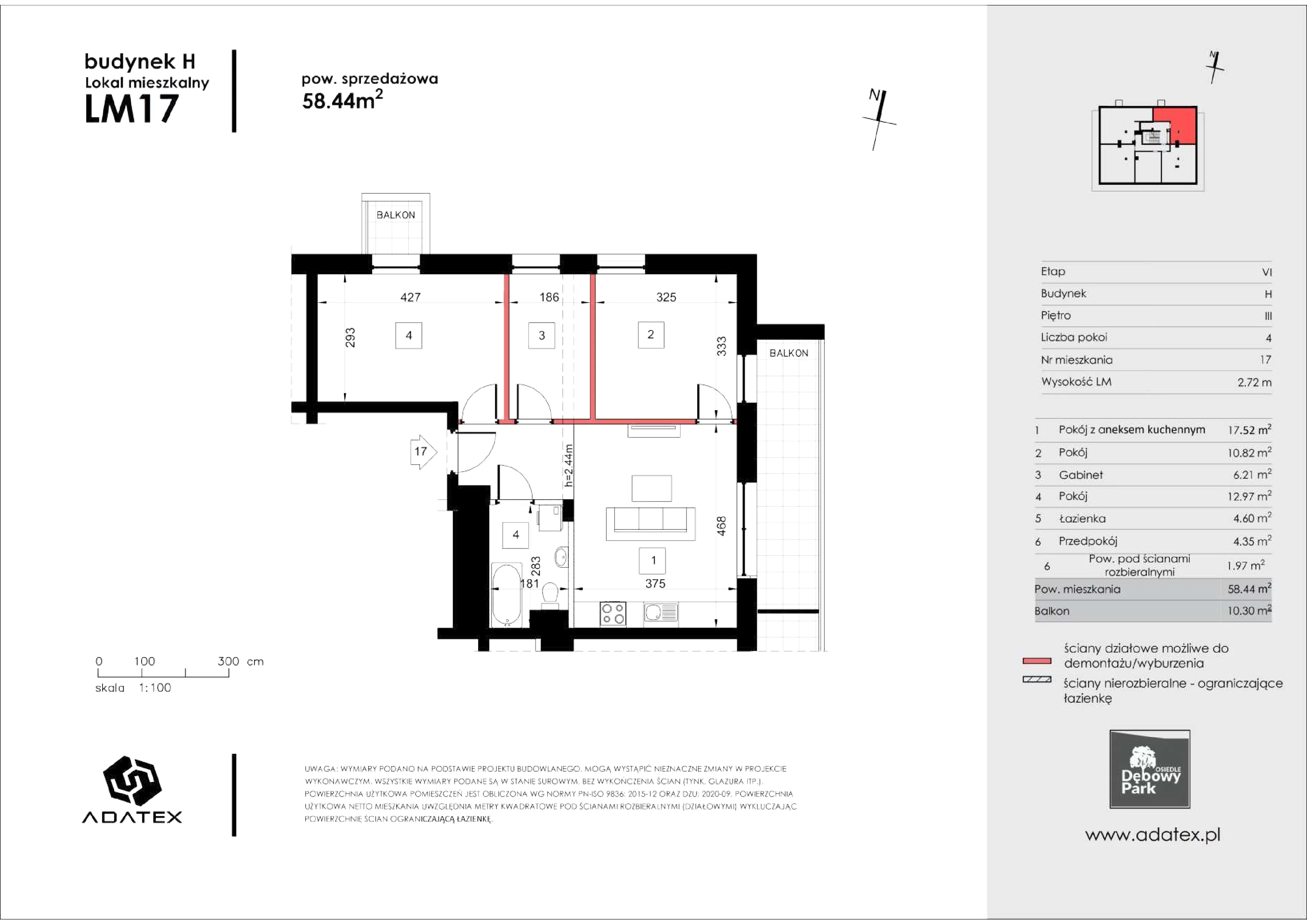 3 pokoje, mieszkanie 58,44 m², piętro 3, oferta nr H17, Osiedle Dębowy Park, Siemianowice Śląskie, Bytków, ul. Oświęcimska 7a