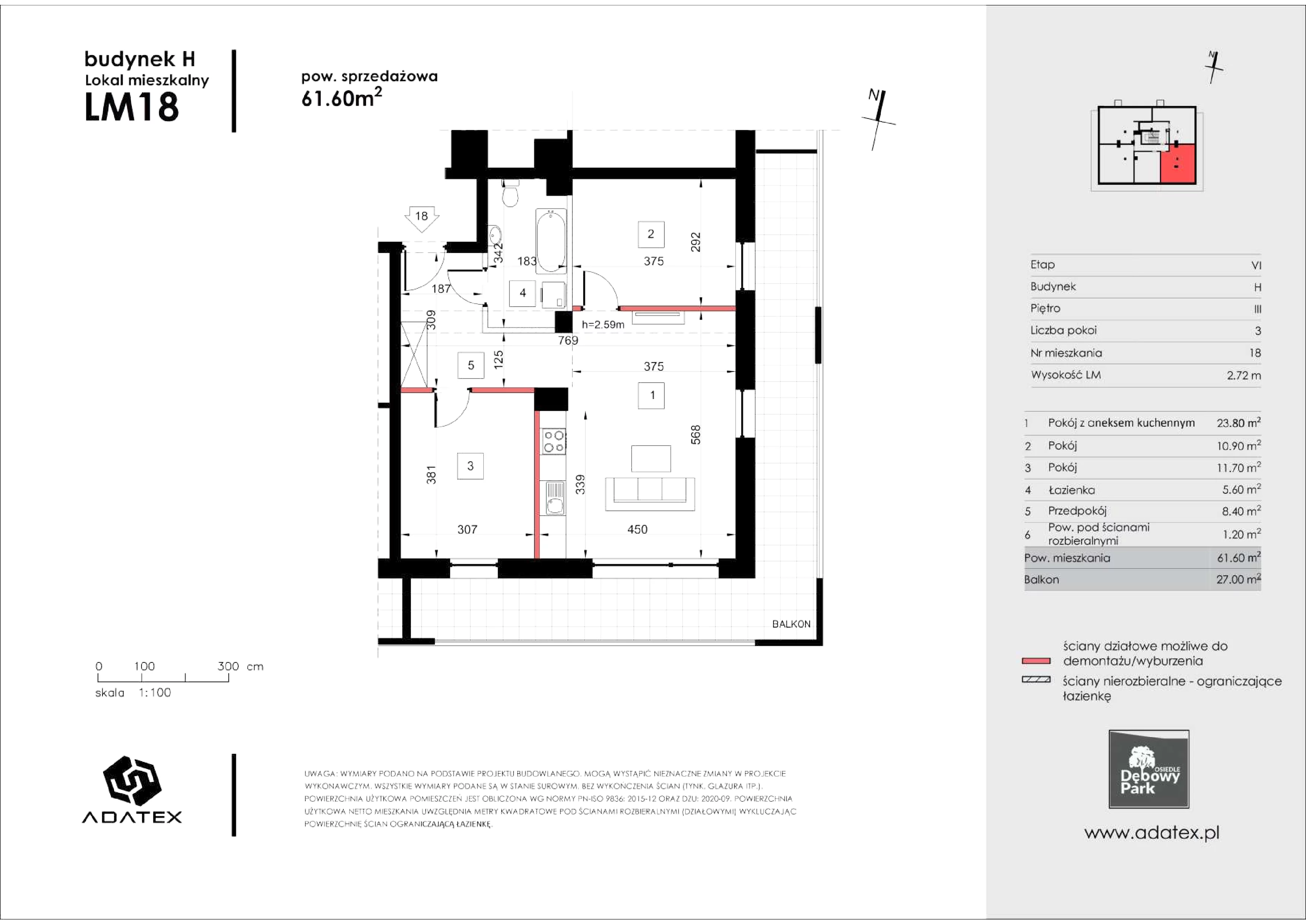 3 pokoje, mieszkanie 61,60 m², piętro 3, oferta nr H18, Osiedle Dębowy Park, Siemianowice Śląskie, Bytków, ul. Oświęcimska 7a