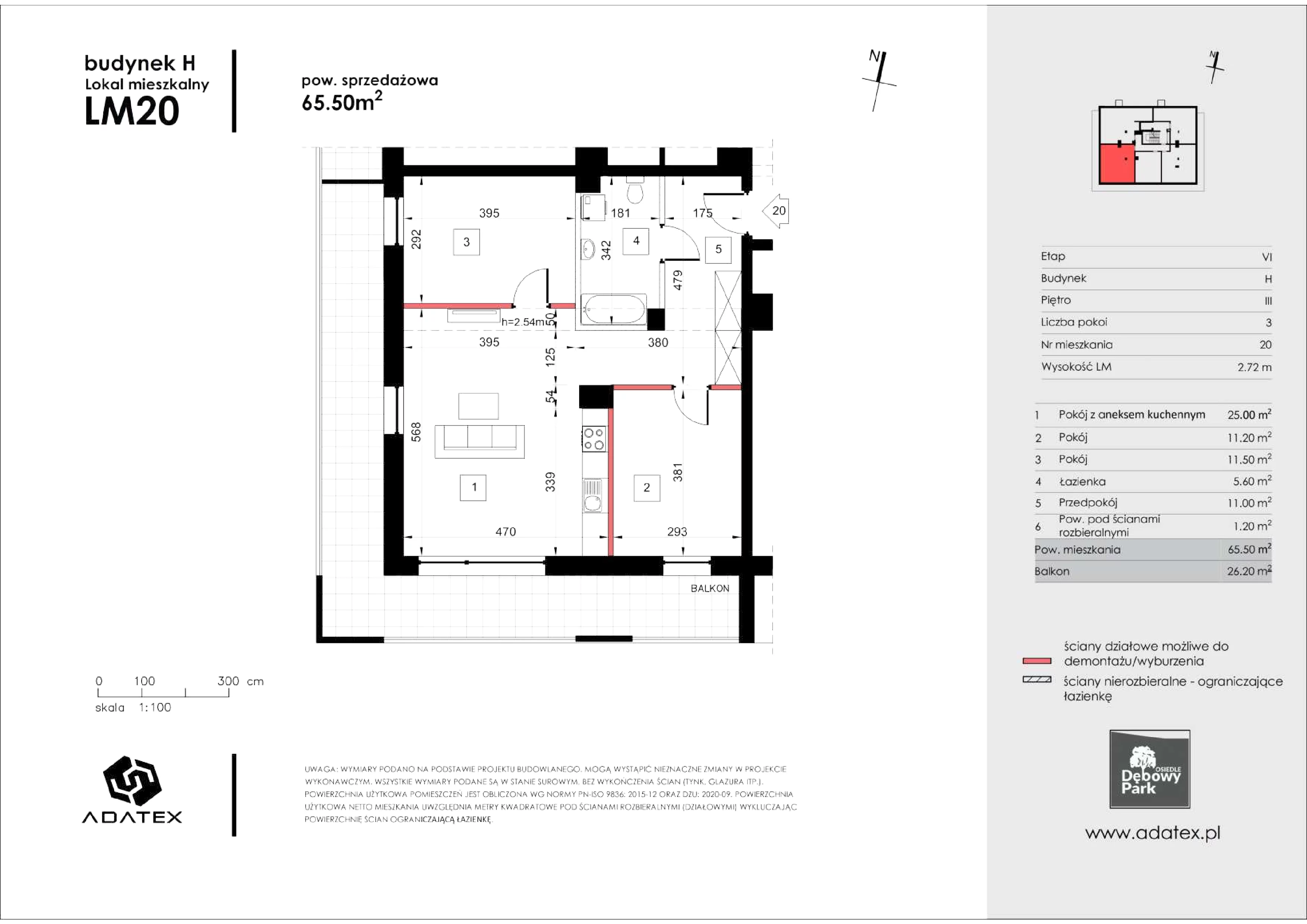 3 pokoje, mieszkanie 65,50 m², piętro 3, oferta nr H20, Osiedle Dębowy Park, Siemianowice Śląskie, Bytków, ul. Oświęcimska 7a