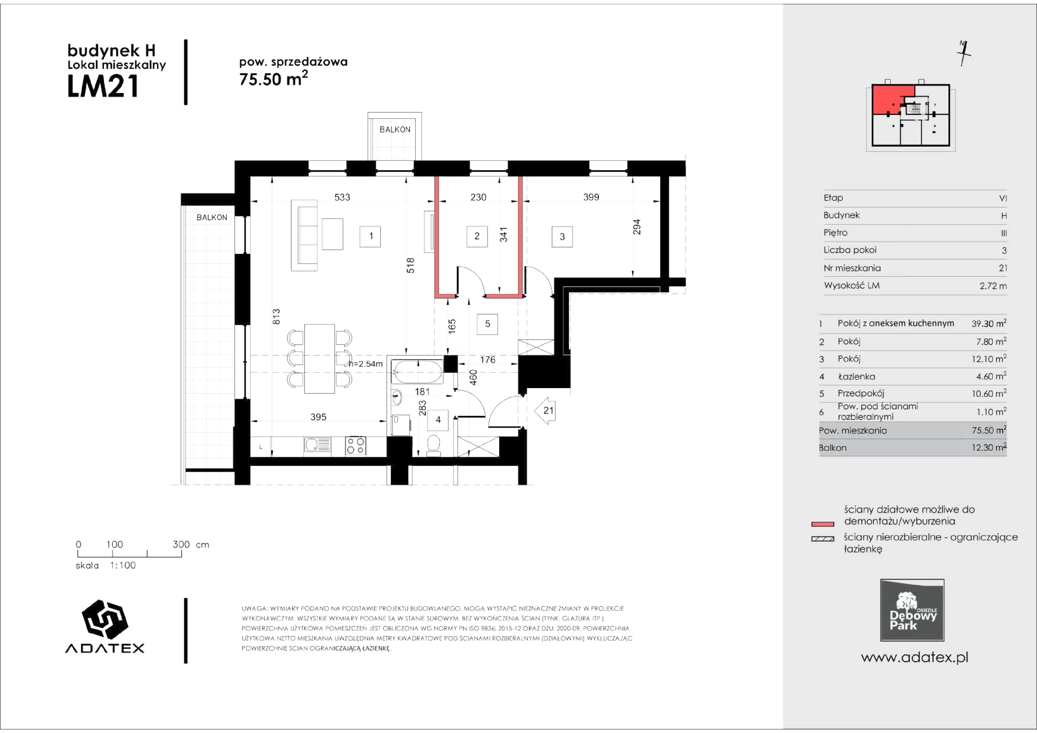 3 pokoje, mieszkanie 75,50 m², piętro 3, oferta nr H21, Osiedle Dębowy Park, Siemianowice Śląskie, Bytków, ul. Oświęcimska 7a