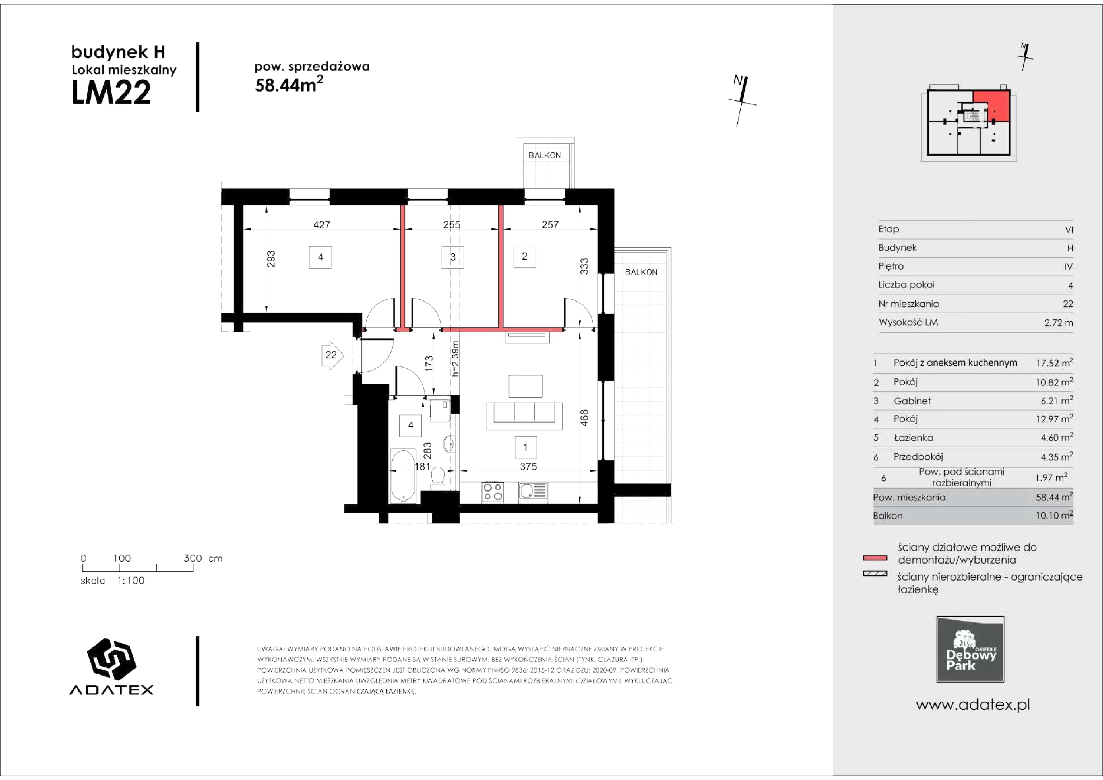 3 pokoje, mieszkanie 58,44 m², piętro 4, oferta nr H22, Osiedle Dębowy Park, Siemianowice Śląskie, Bytków, ul. Oświęcimska 7a