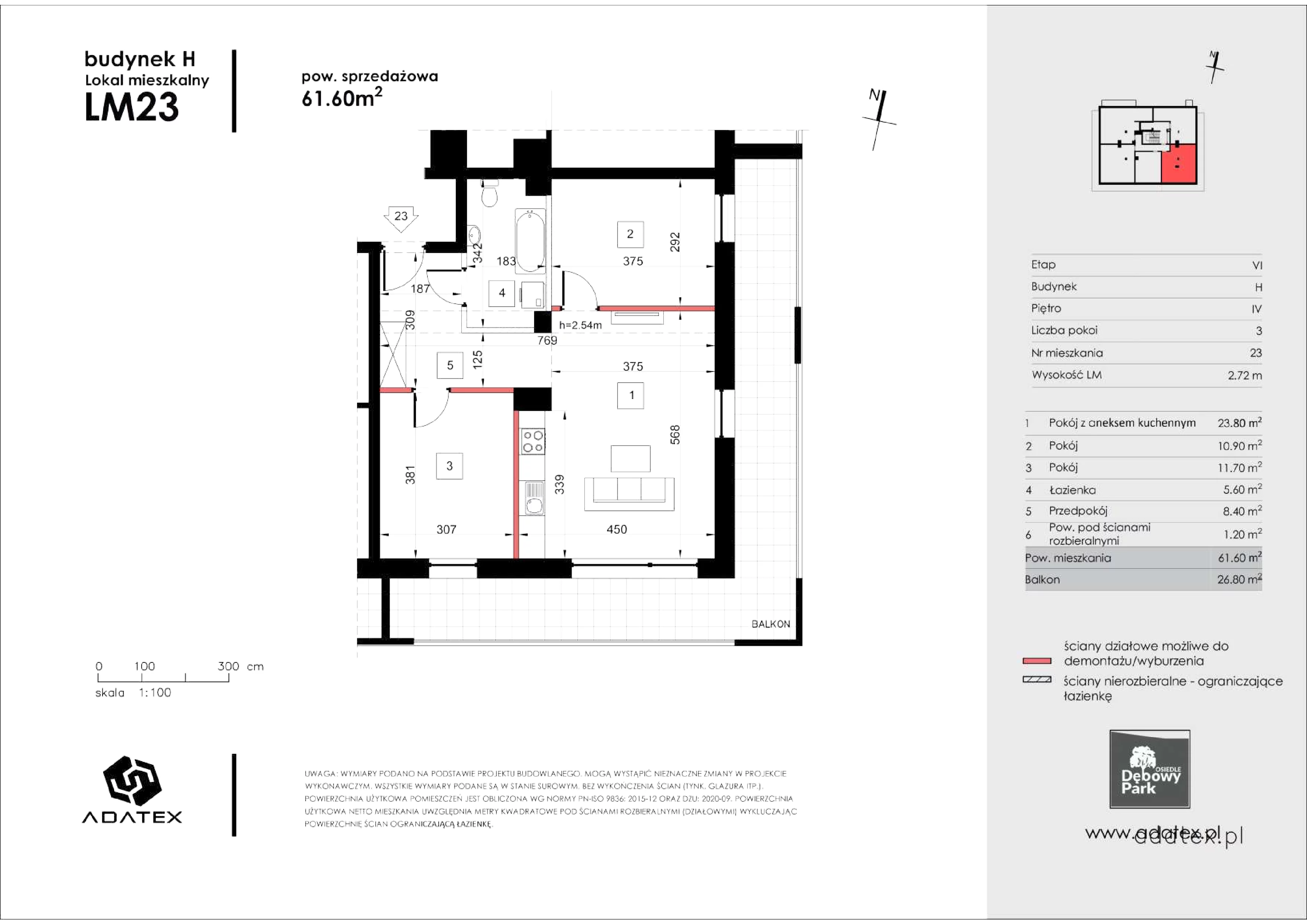 3 pokoje, mieszkanie 61,60 m², piętro 4, oferta nr H23, Osiedle Dębowy Park, Siemianowice Śląskie, Bytków, ul. Oświęcimska 7a