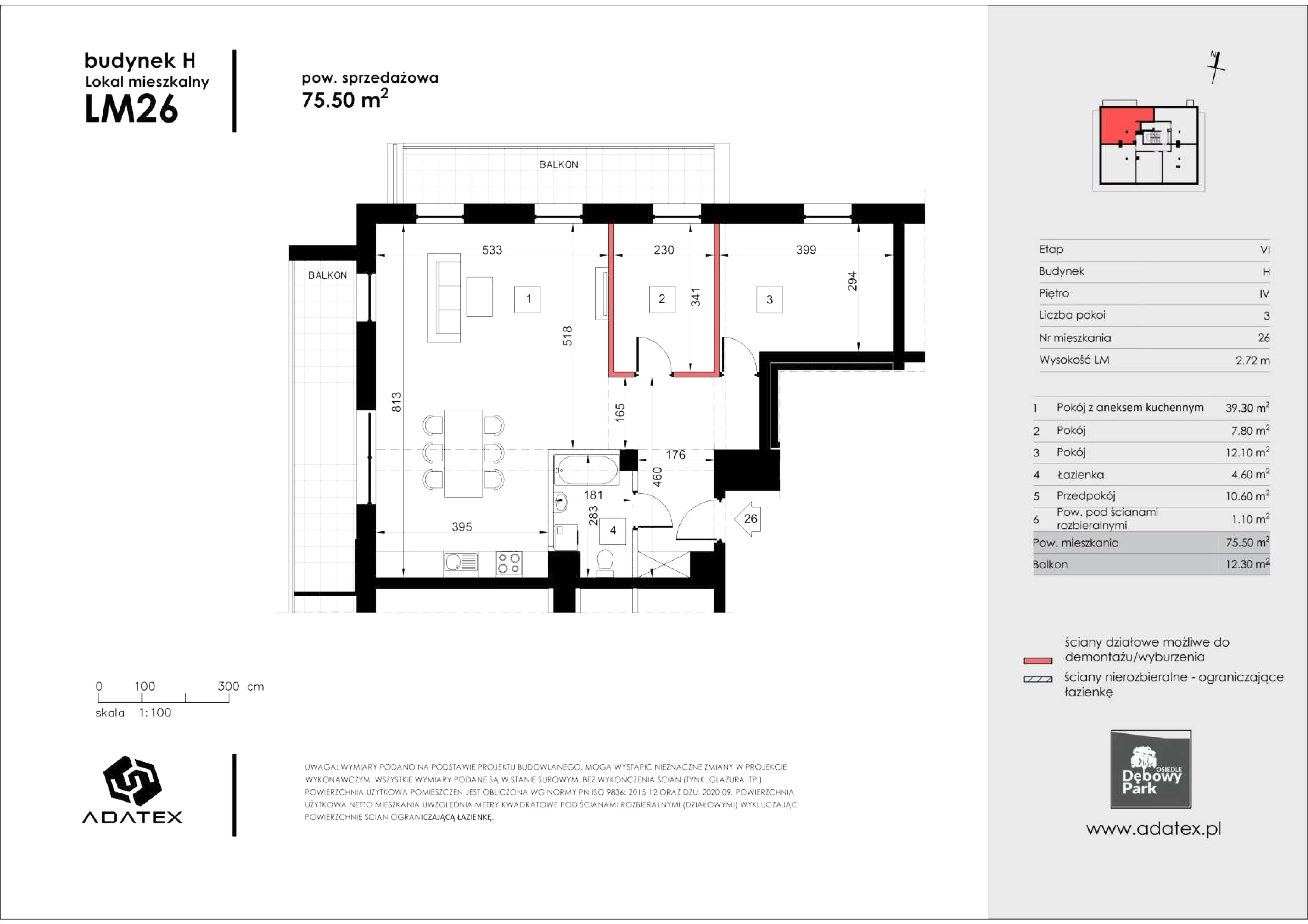 3 pokoje, mieszkanie 75,50 m², piętro 4, oferta nr H26, Osiedle Dębowy Park, Siemianowice Śląskie, Bytków, ul. Oświęcimska 7a