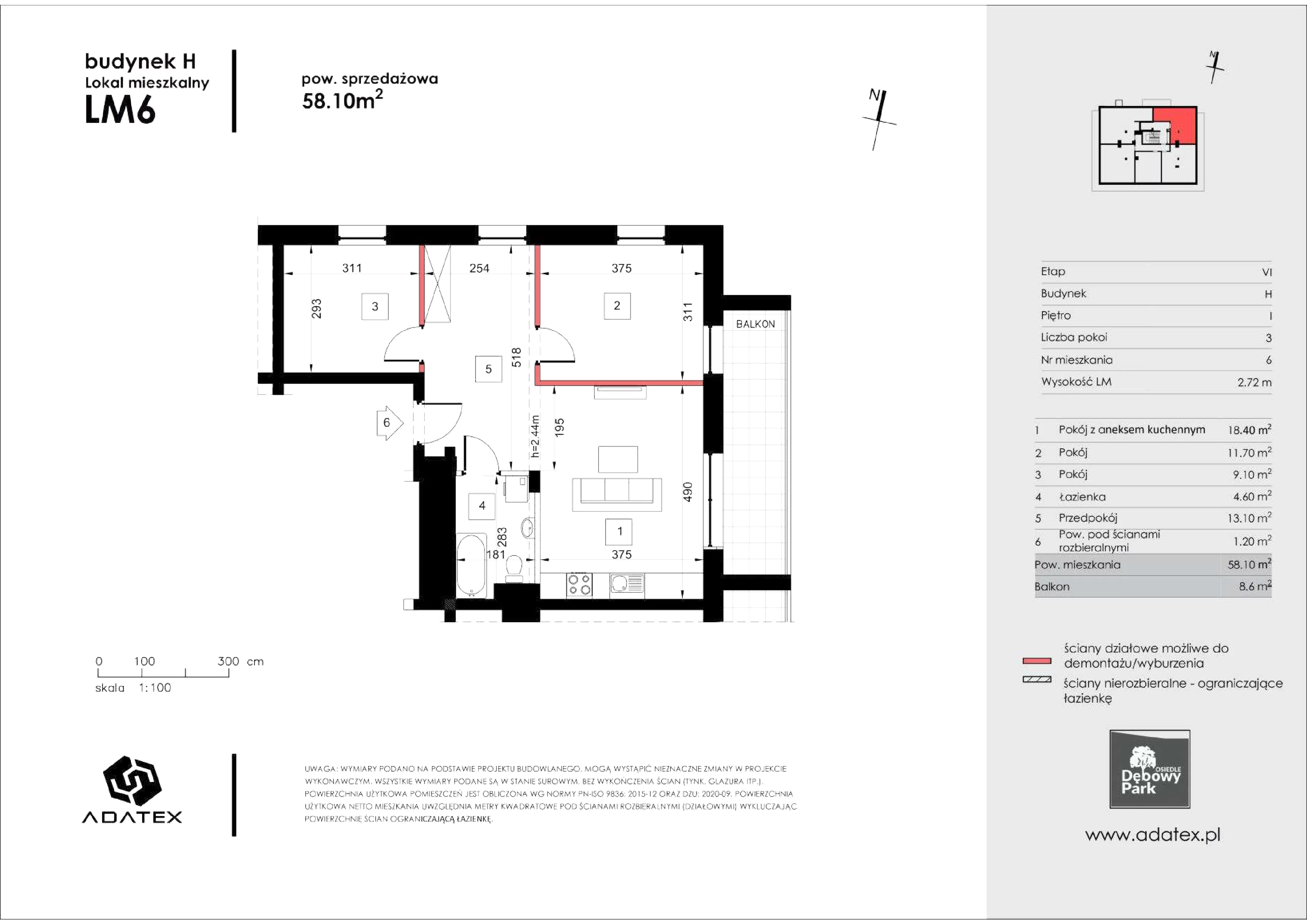 3 pokoje, mieszkanie 58,44 m², piętro 1, oferta nr H6, Osiedle Dębowy Park, Siemianowice Śląskie, Bytków, ul. Oświęcimska 7a