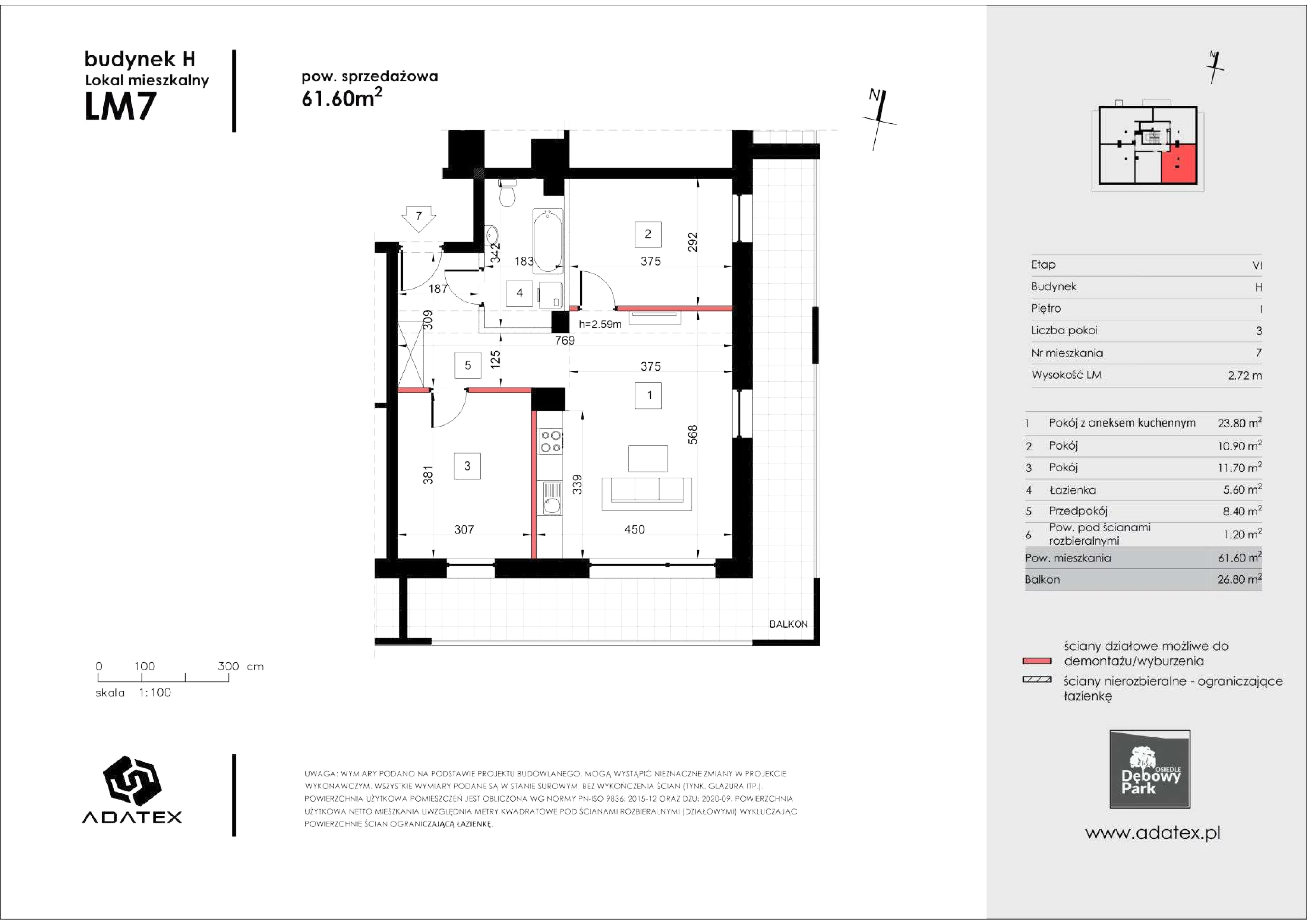 3 pokoje, mieszkanie 61,60 m², piętro 1, oferta nr H7, Osiedle Dębowy Park, Siemianowice Śląskie, Bytków, ul. Oświęcimska 7a