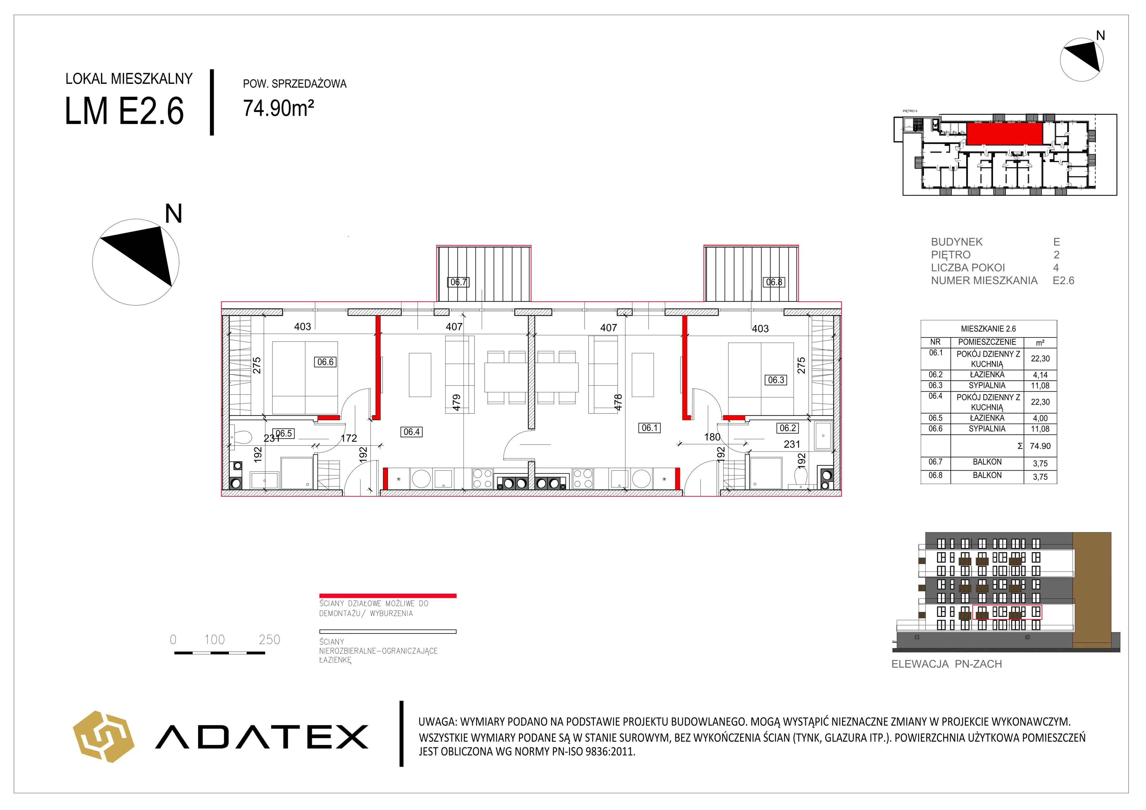 4 pokoje, mieszkanie 74,90 m², piętro 2, oferta nr E.2.6, Osiedle Nowa Dąbrowa, Dąbrowa Górnicza, Gołonóg, ul. Graniczna 14