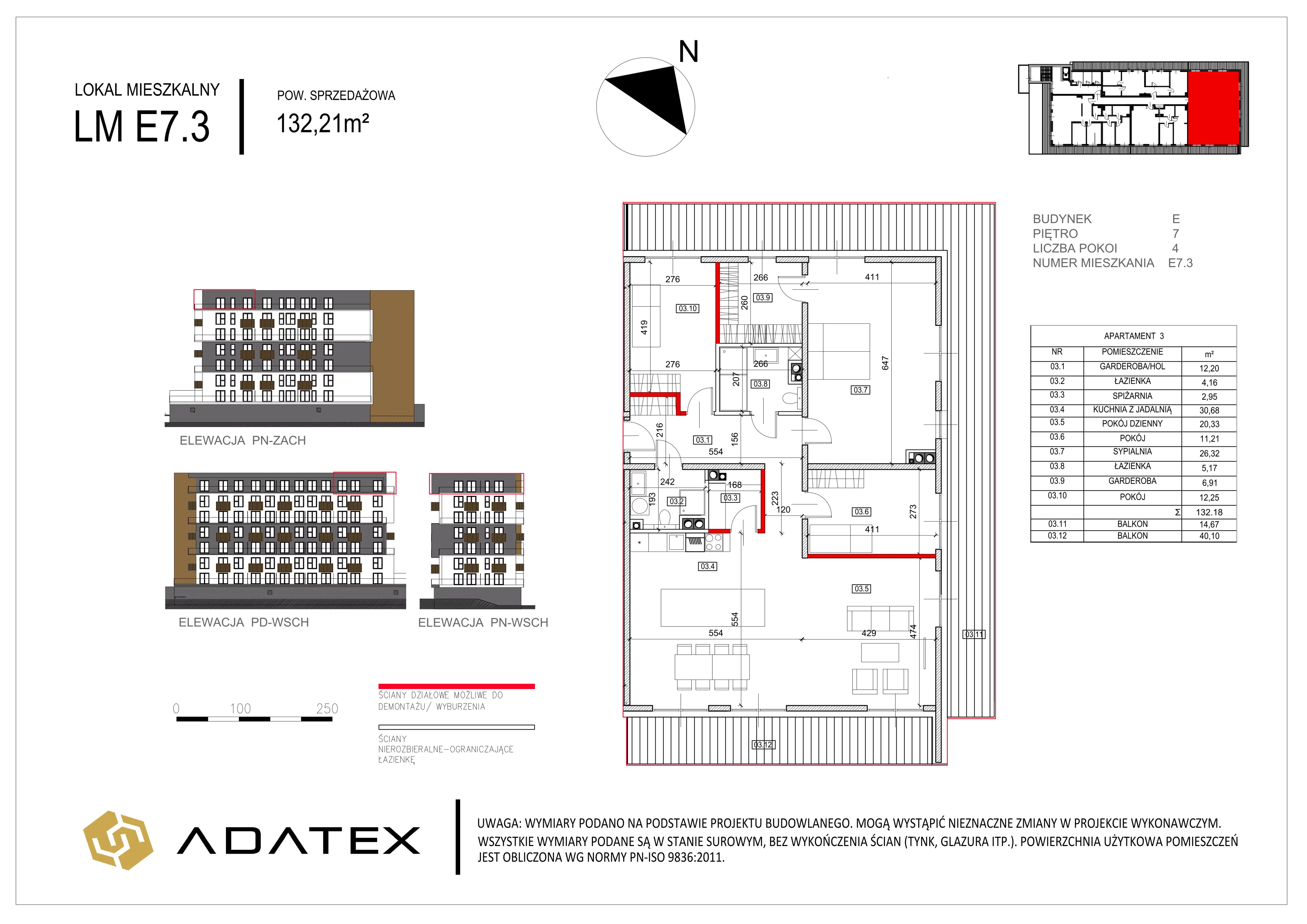 4 pokoje, mieszkanie 132,21 m², piętro 7, oferta nr E.7.3, Osiedle Nowa Dąbrowa, Dąbrowa Górnicza, Gołonóg, ul. Graniczna 14