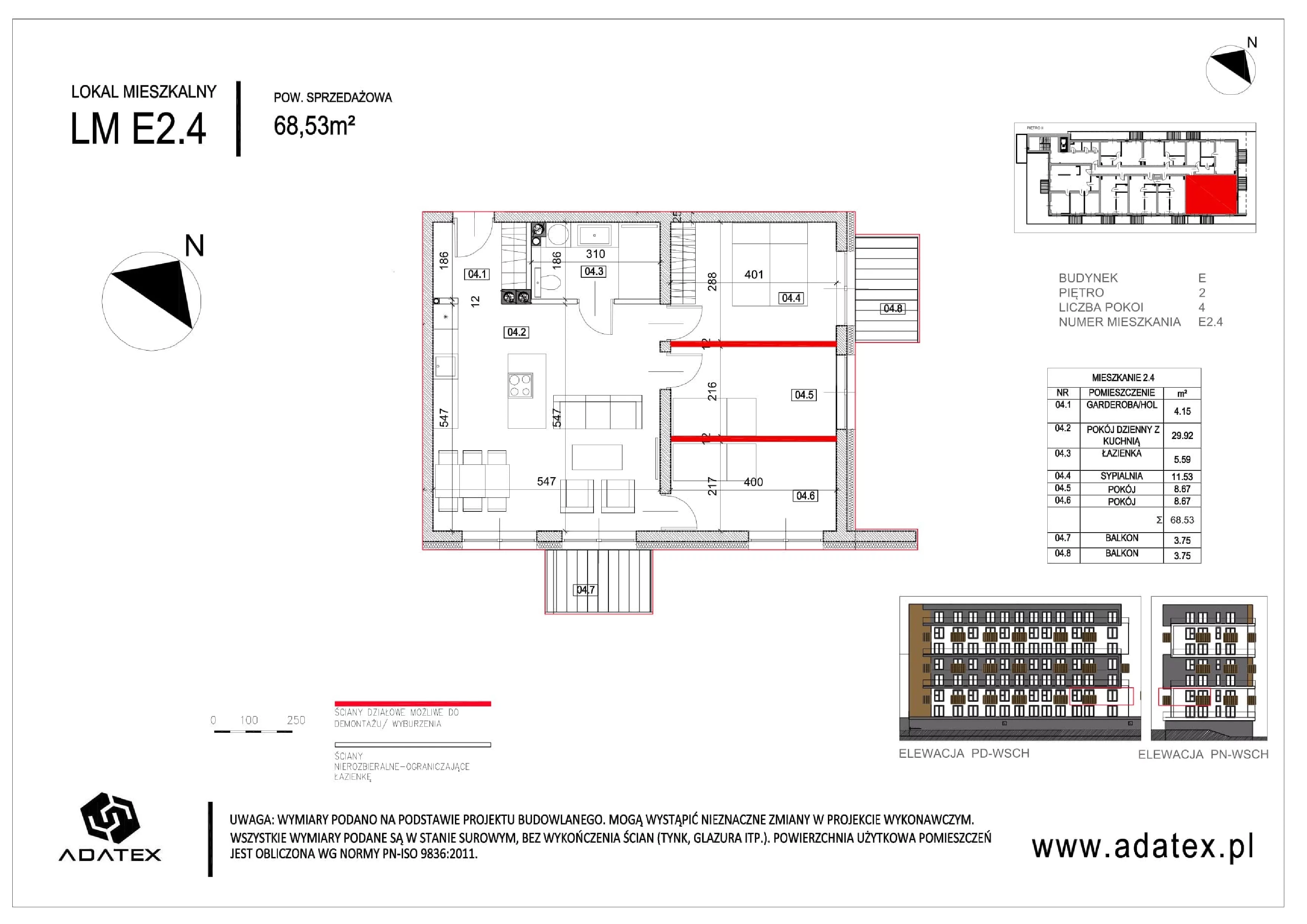 4 pokoje, mieszkanie 68,53 m², piętro 2, oferta nr E.2.4, Osiedle Nowa Dąbrowa, Dąbrowa Górnicza, Gołonóg, ul. Graniczna 14