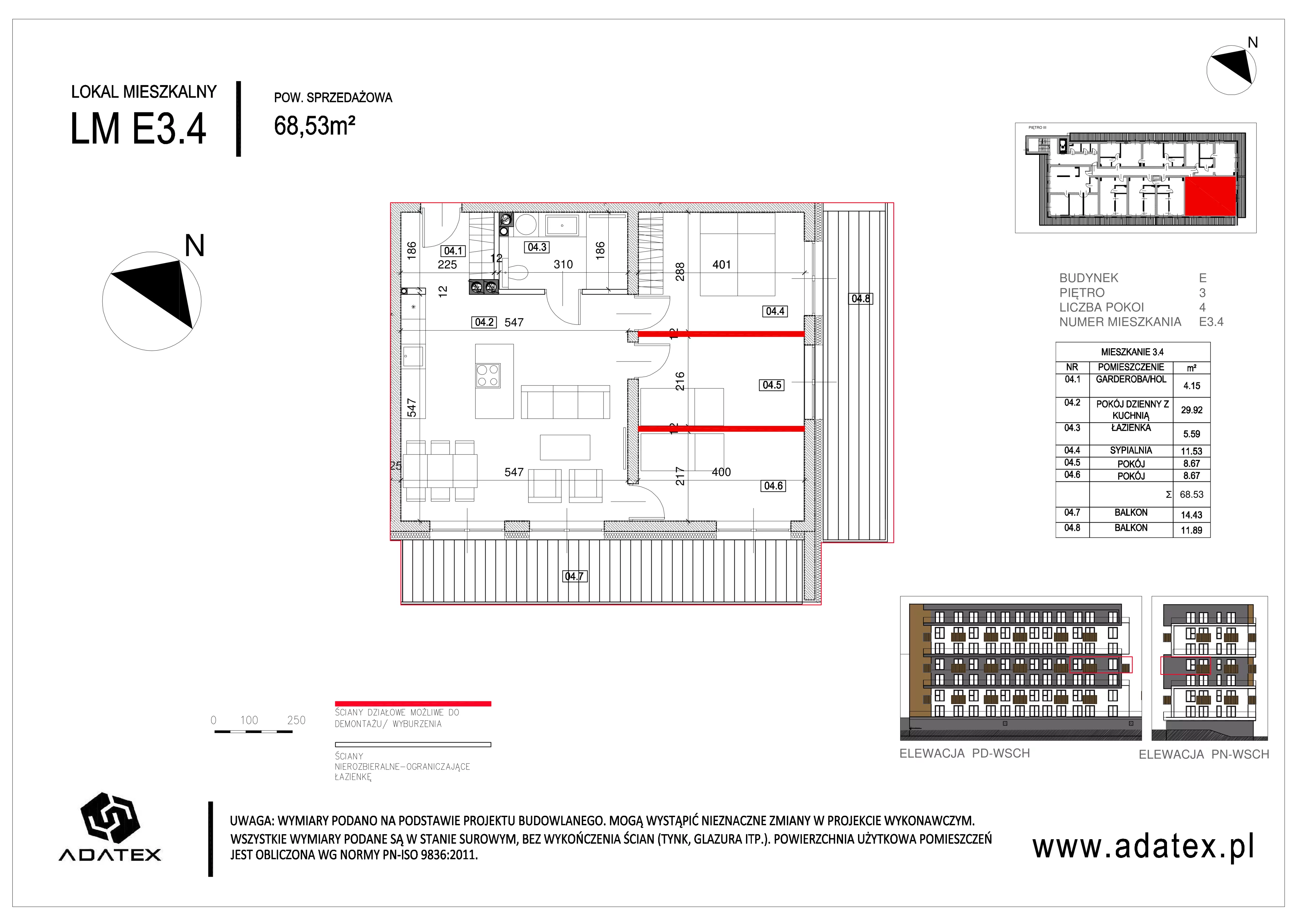 4 pokoje, mieszkanie 68,53 m², piętro 3, oferta nr E.3.4, Osiedle Nowa Dąbrowa, Dąbrowa Górnicza, Gołonóg, ul. Graniczna 14