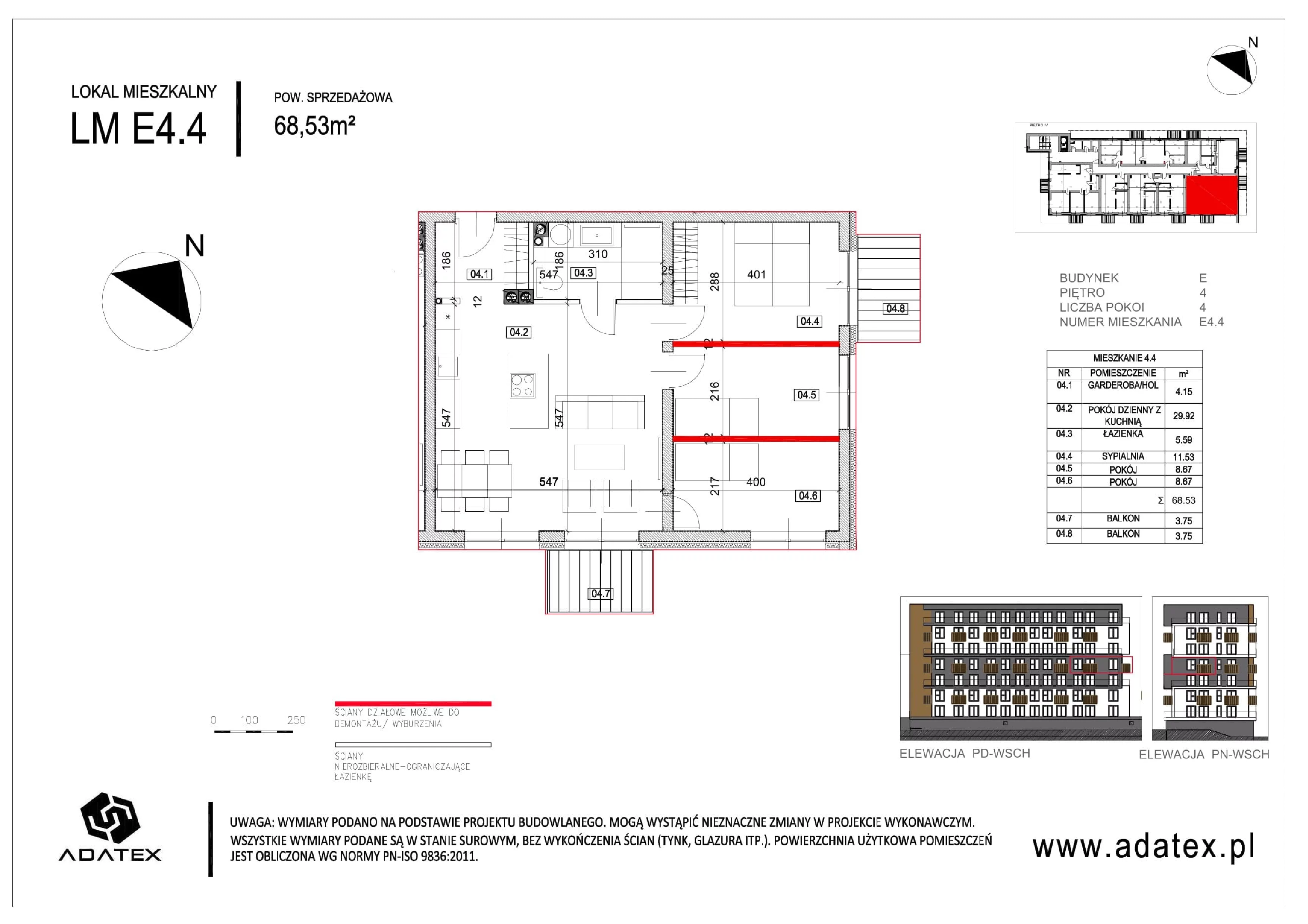 4 pokoje, mieszkanie 68,53 m², piętro 4, oferta nr E.4.4, Osiedle Nowa Dąbrowa, Dąbrowa Górnicza, Gołonóg, ul. Graniczna 14