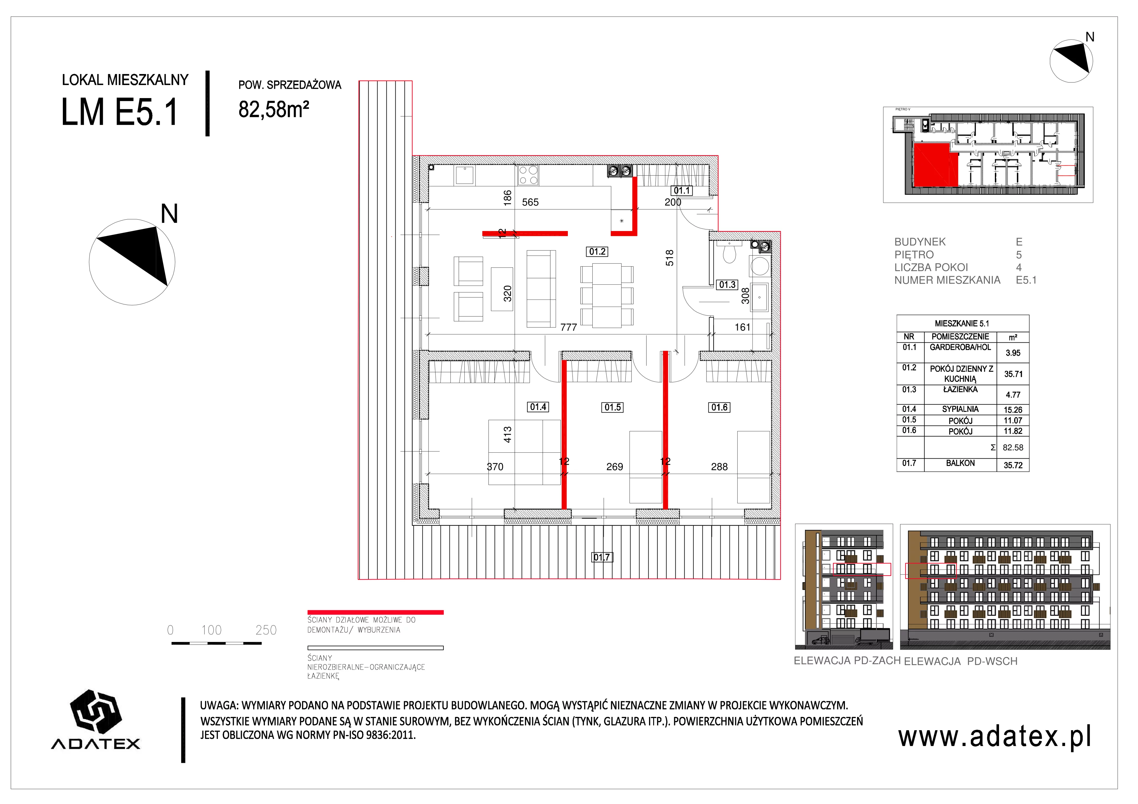 4 pokoje, mieszkanie 82,58 m², piętro 5, oferta nr E.5.1, Osiedle Nowa Dąbrowa, Dąbrowa Górnicza, Gołonóg, ul. Graniczna 14