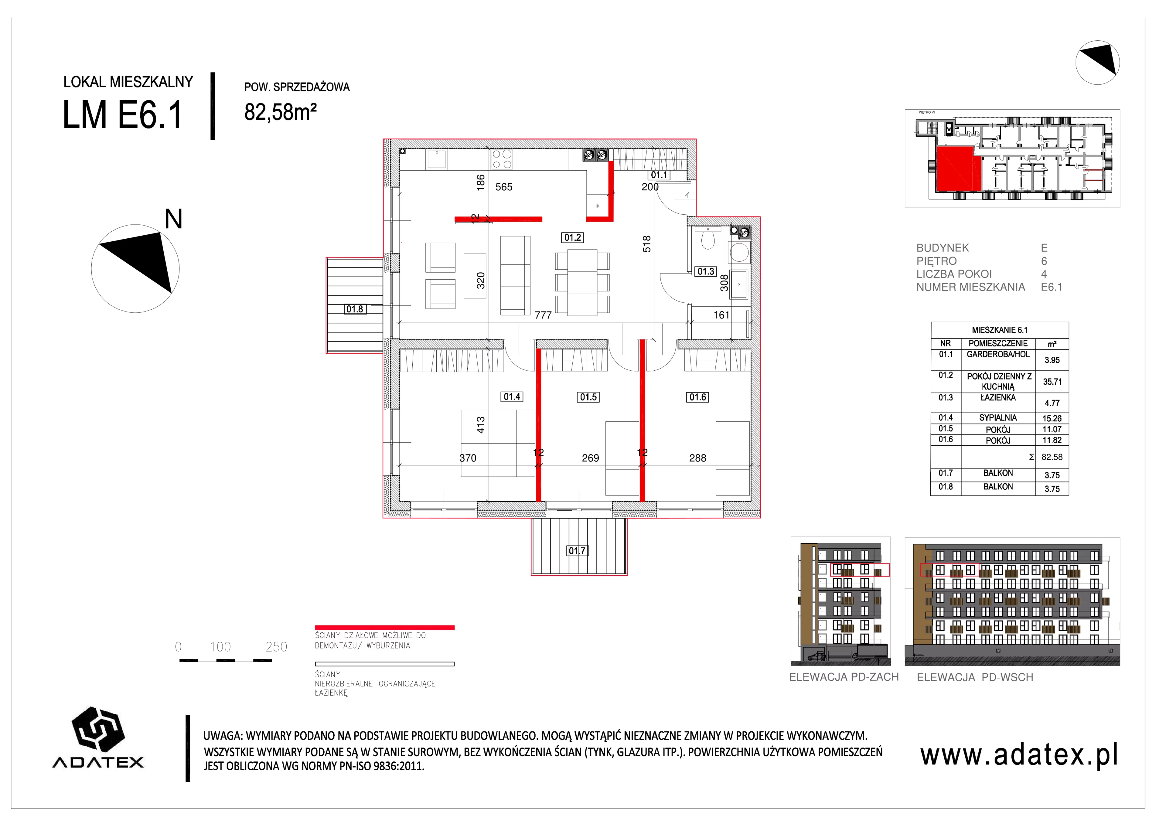 4 pokoje, mieszkanie 82,58 m², piętro 6, oferta nr E.6.1, Osiedle Nowa Dąbrowa, Dąbrowa Górnicza, Gołonóg, ul. Graniczna 14