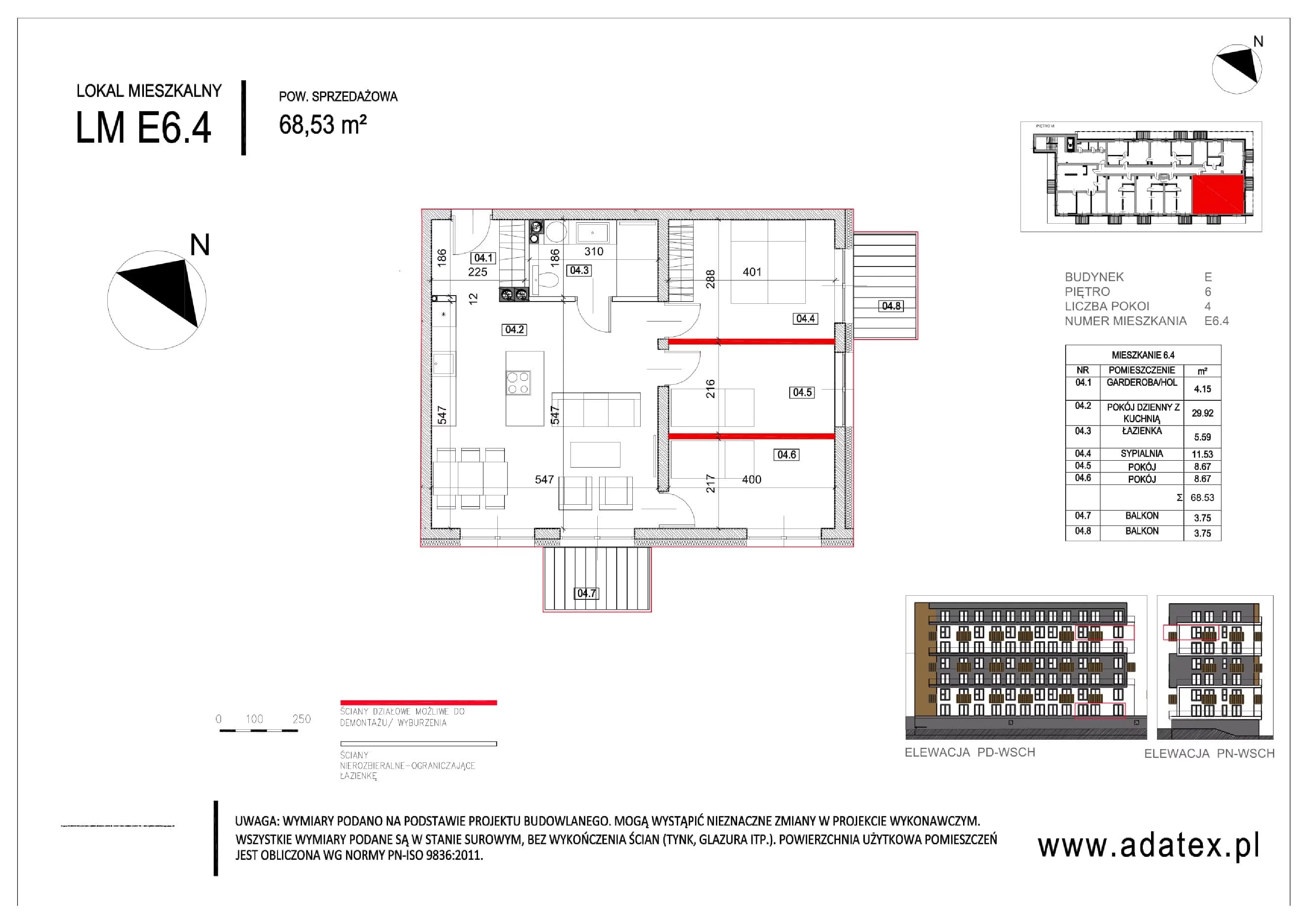 4 pokoje, mieszkanie 68,53 m², piętro 6, oferta nr E.6.4, Osiedle Nowa Dąbrowa, Dąbrowa Górnicza, Gołonóg, ul. Graniczna 14