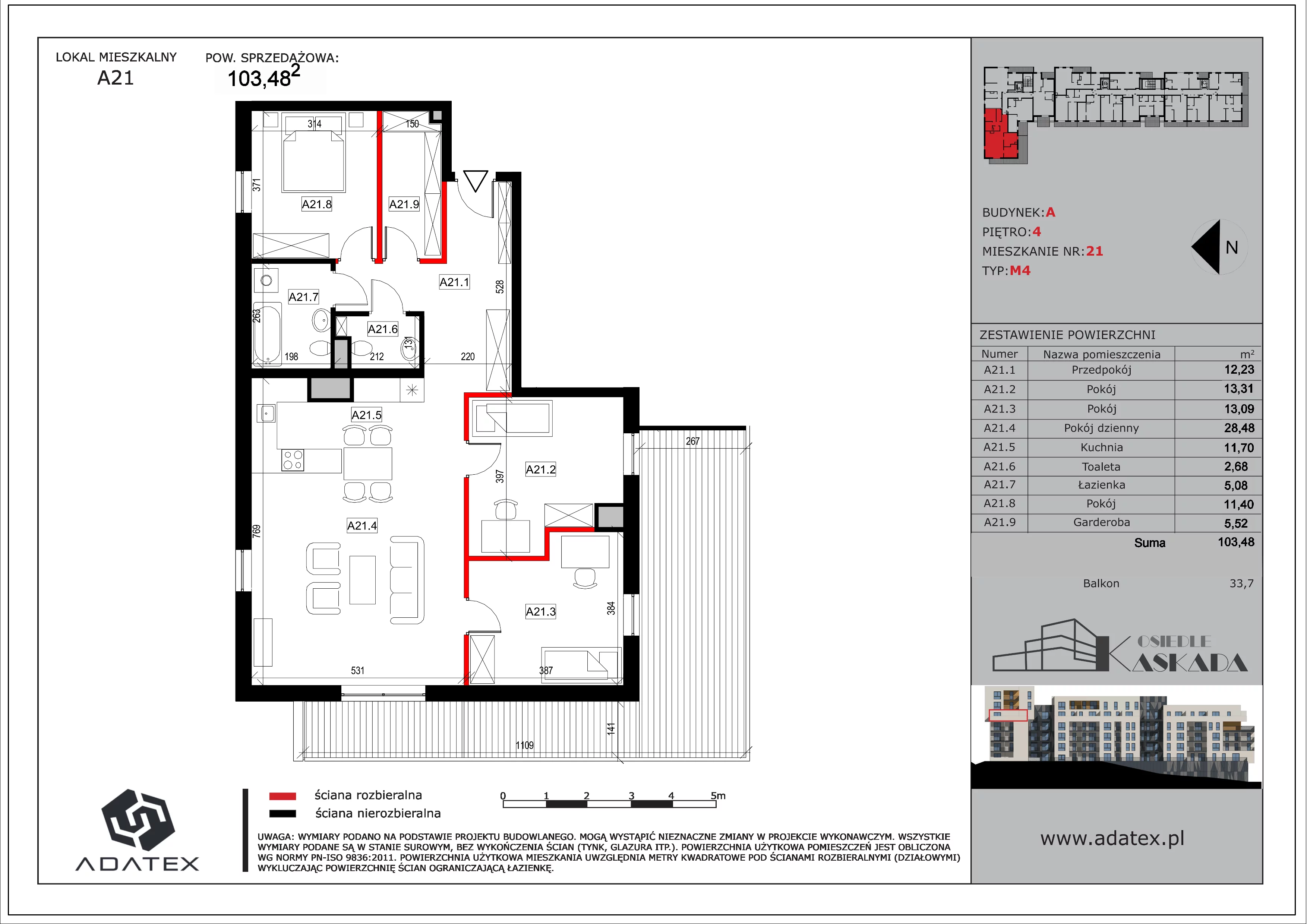 4 pokoje, mieszkanie 103,48 m², piętro 4, oferta nr A21, Osiedle Kaskada, Zabrze, Osiedle Tadeusza Kotarbińskiego, ul. Mieczysława Niedziałkowskiego 56