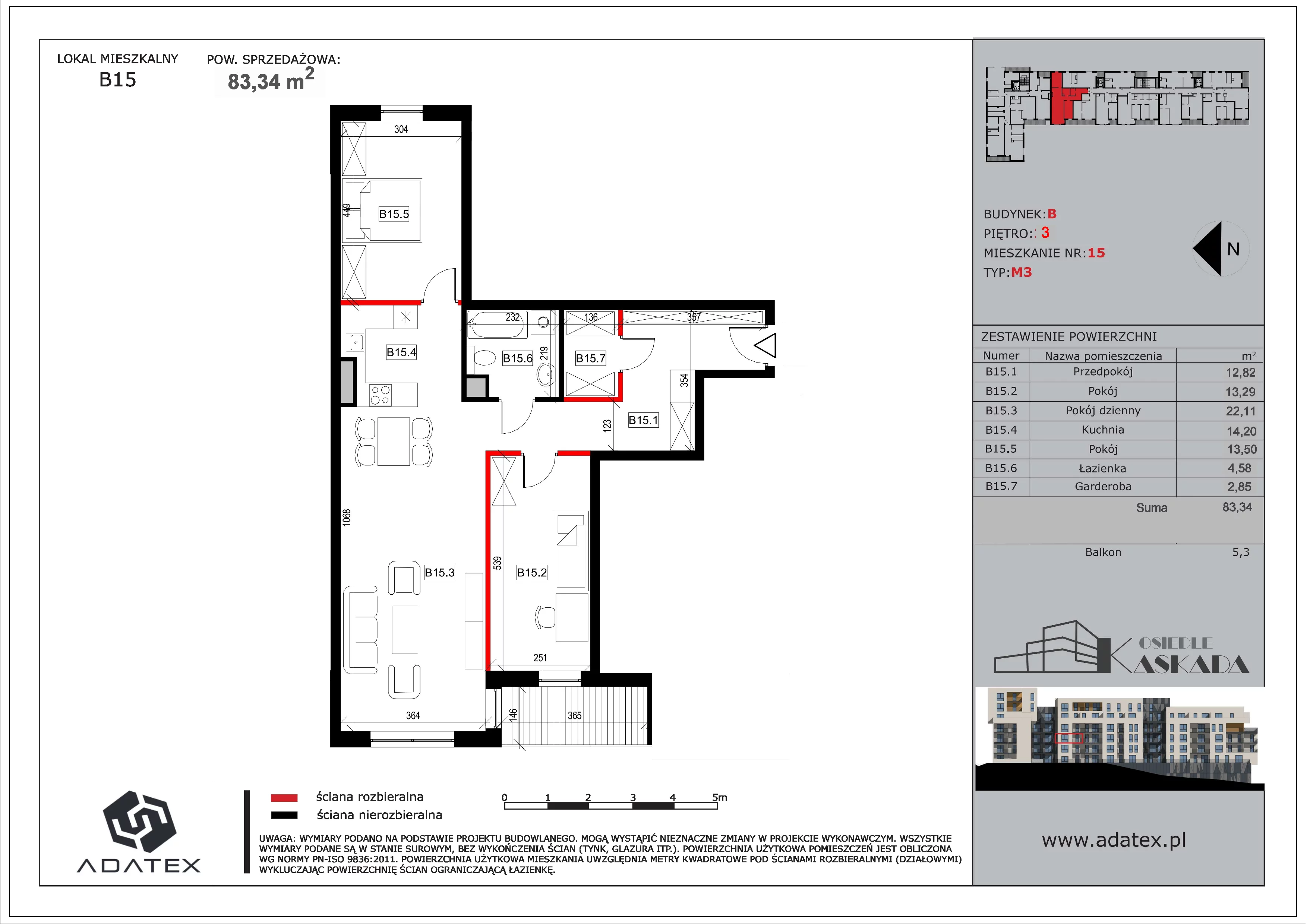 4 pokoje, mieszkanie 83,34 m², piętro 2, oferta nr B15, Osiedle Kaskada, Zabrze, Osiedle Tadeusza Kotarbińskiego, ul. Mieczysława Niedziałkowskiego 56