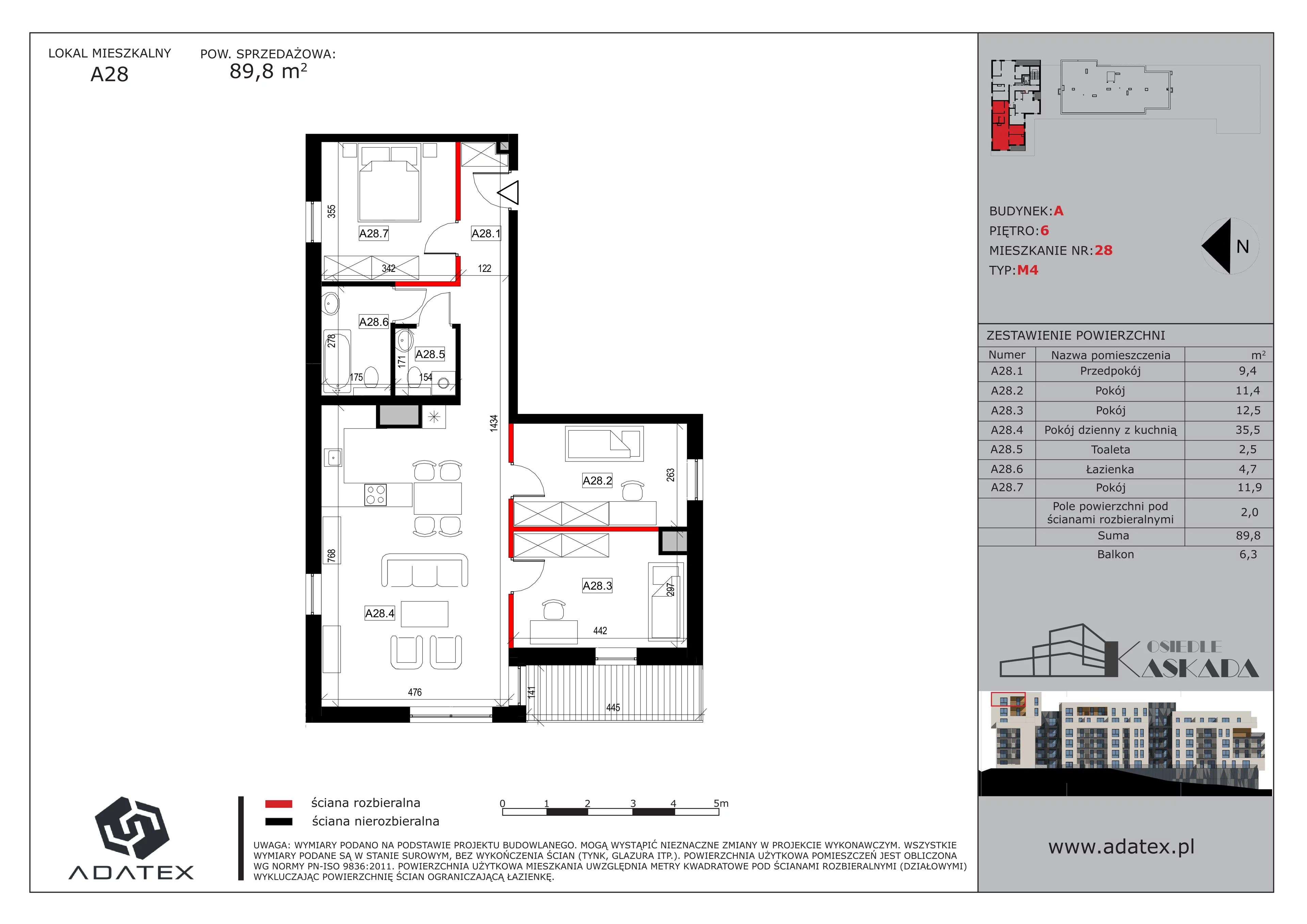 4 pokoje, mieszkanie 89,80 m², piętro 6, oferta nr A28, Osiedle Kaskada, Zabrze, Osiedle Tadeusza Kotarbińskiego, ul. Mieczysława Niedziałkowskiego 56