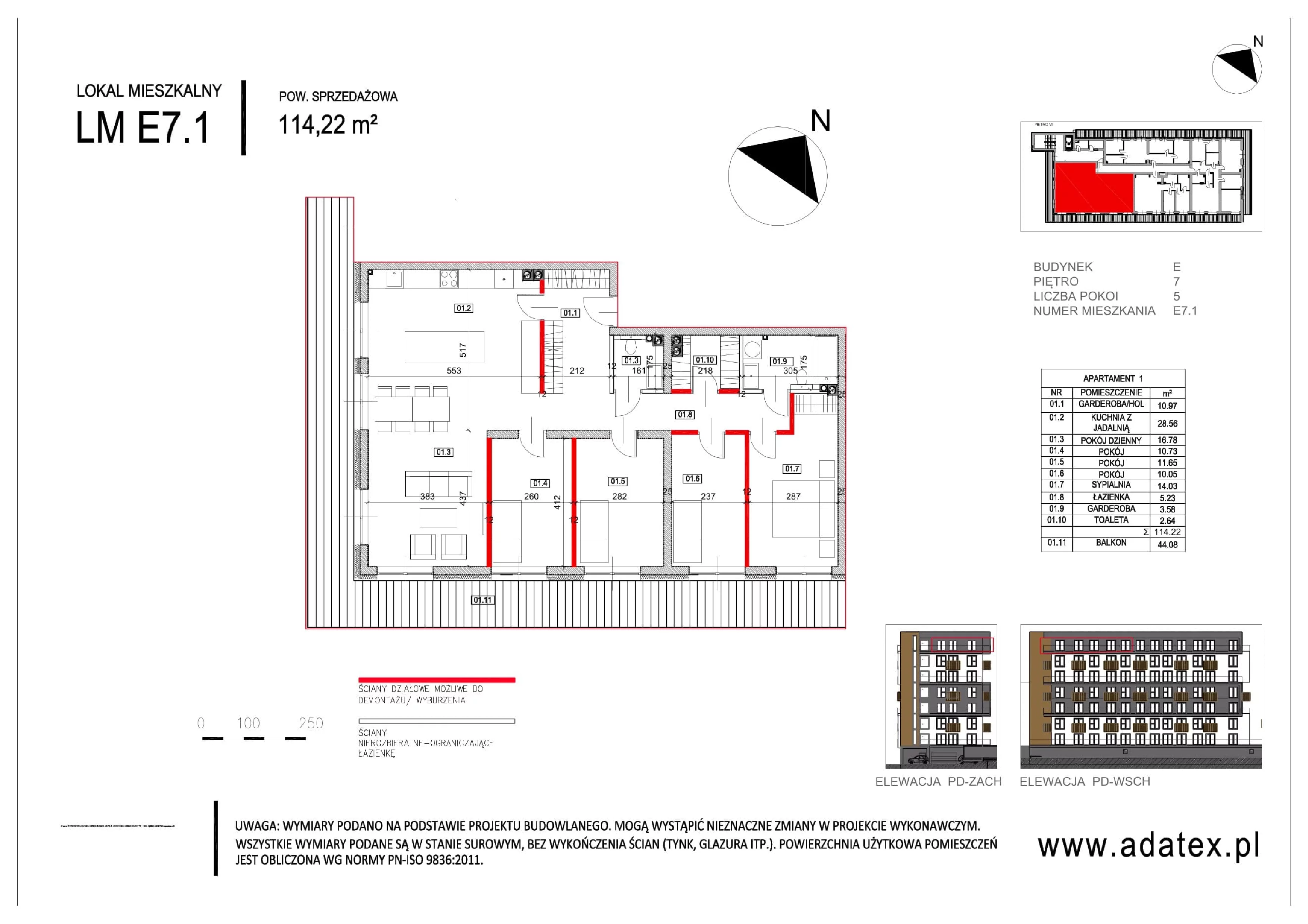 5 pokoi, mieszkanie 114,63 m², piętro 7, oferta nr E.7.1, Osiedle Nowa Dąbrowa, Dąbrowa Górnicza, Gołonóg, ul. Graniczna 14
