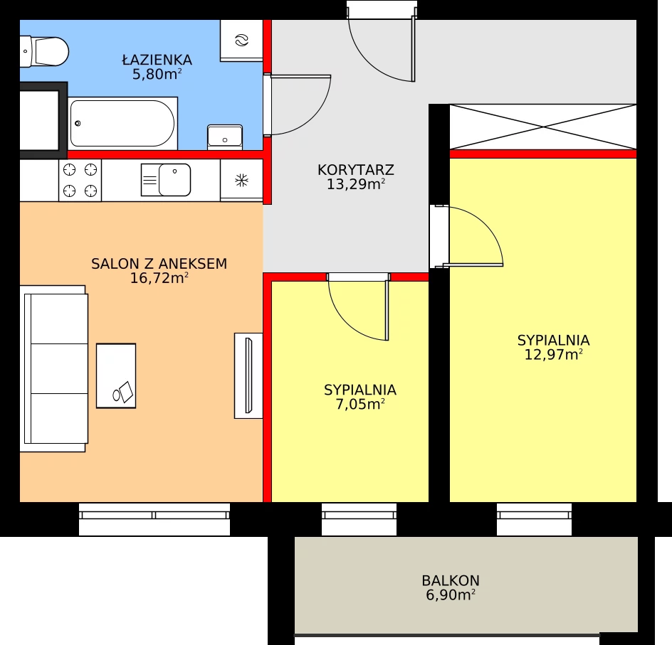 3 pokoje, mieszkanie 57,60 m², piętro 1, oferta nr F16 z wykończeniem, Osiedle Dębowy Park, Siemianowice Śląskie, Bytków, ul. Oświęcimska 7a