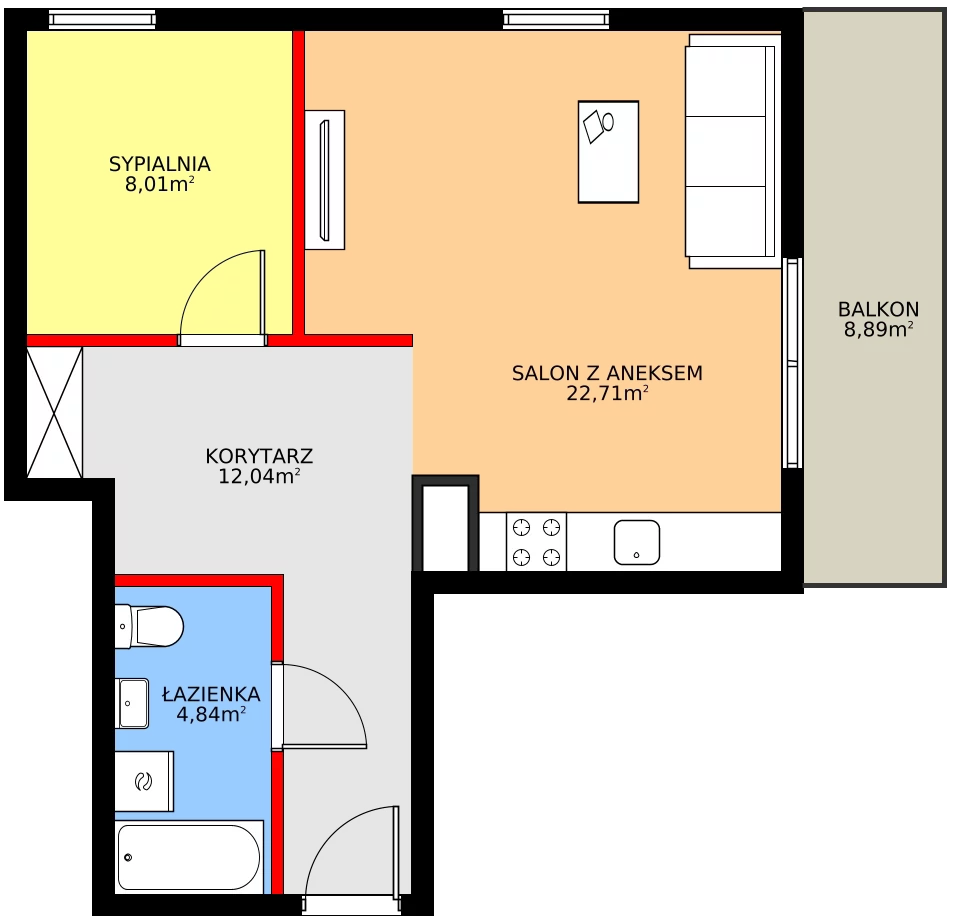 2 pokoje, mieszkanie 47,60 m², parter, oferta nr B1 wykończone, Osiedle Gwiezdna, Sosnowiec, Zagórze, ul. Gwiezdna 18E
