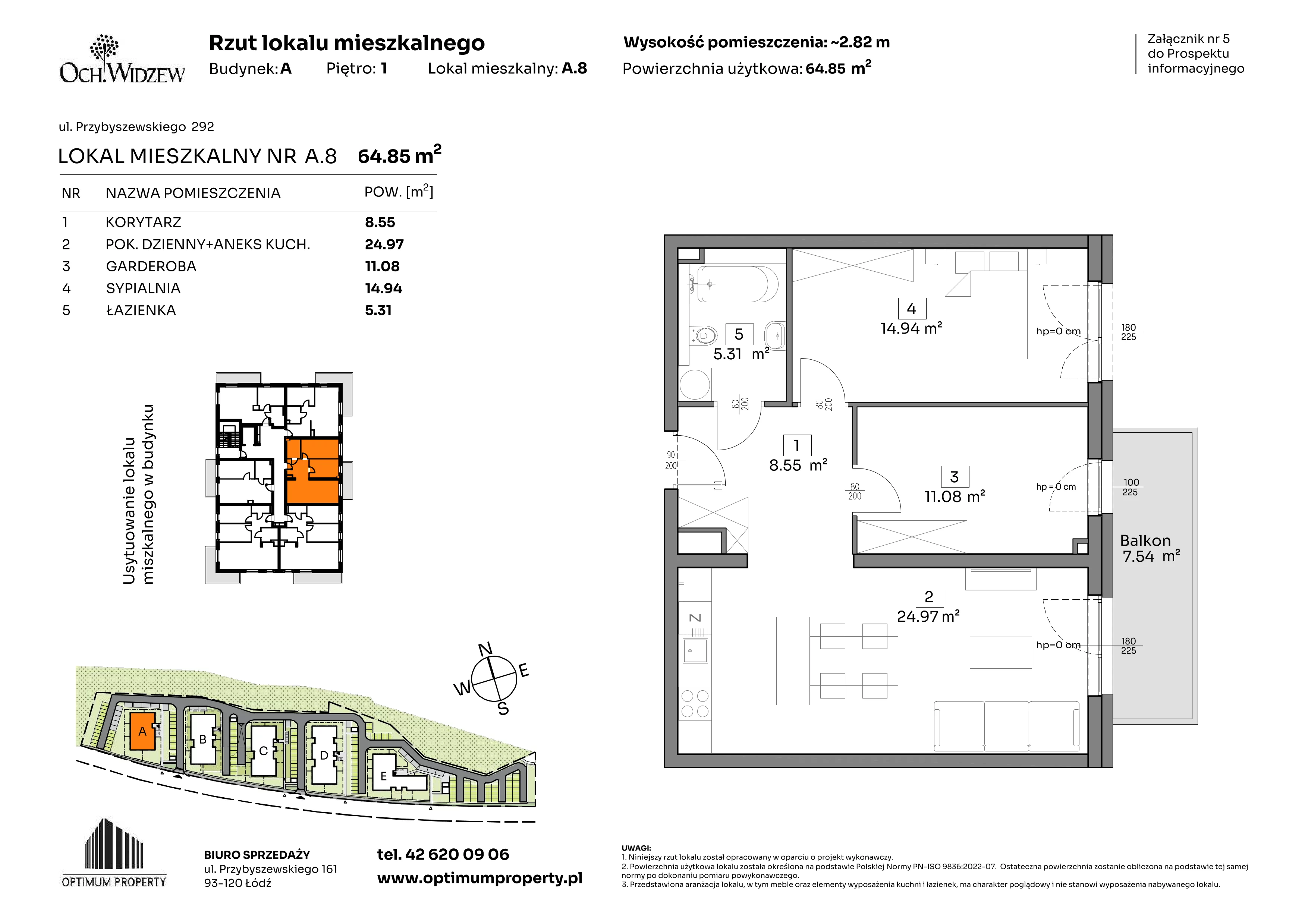 2 pokoje, mieszkanie 64,85 m², piętro 1, oferta nr A.8, Och!Widzew, Łódź, Widzew, ul. Przybyszewskiego 292-300