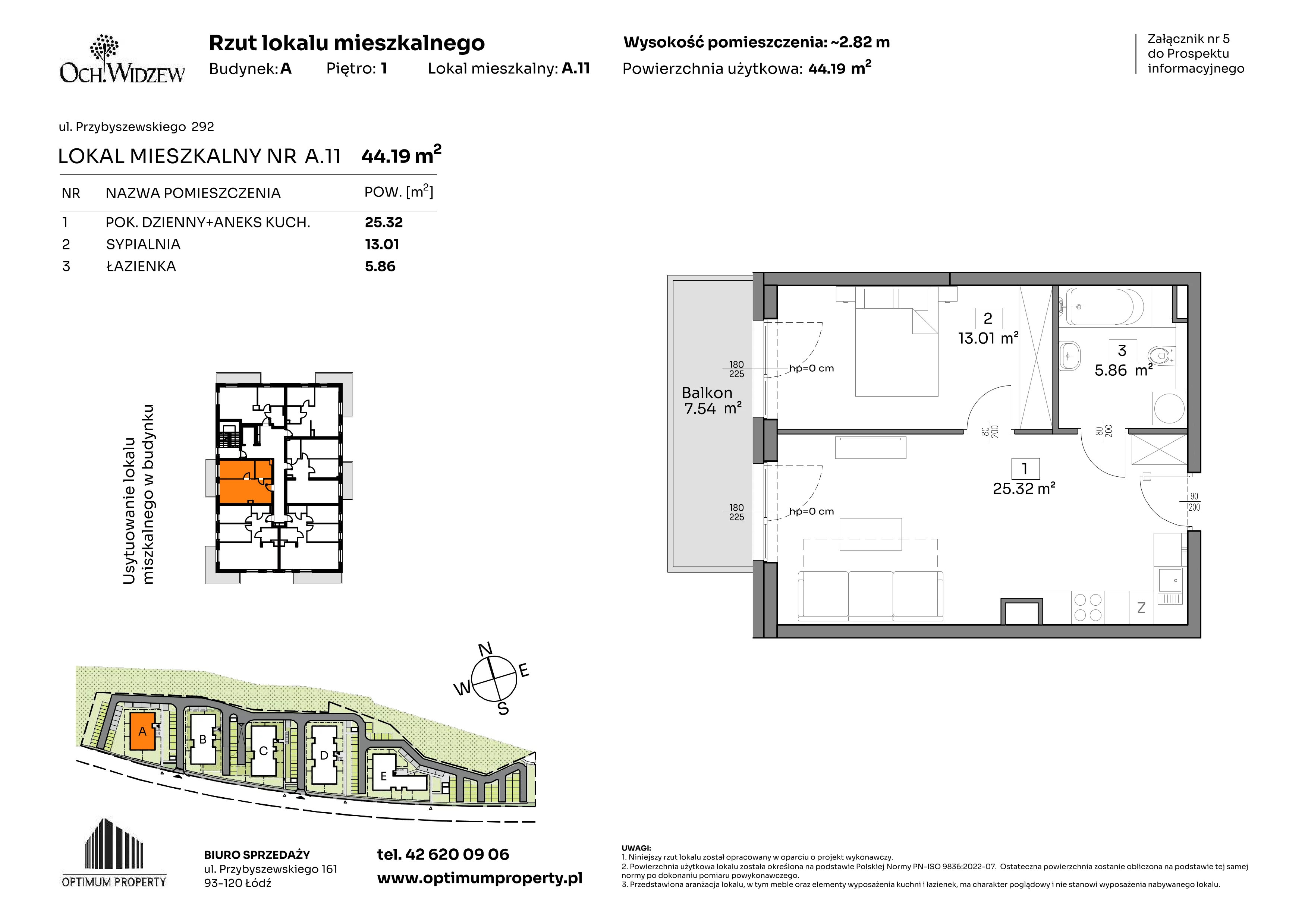 2 pokoje, mieszkanie 44,19 m², piętro 1, oferta nr A.11, Och!Widzew, Łódź, Widzew, ul. Przybyszewskiego 292-300