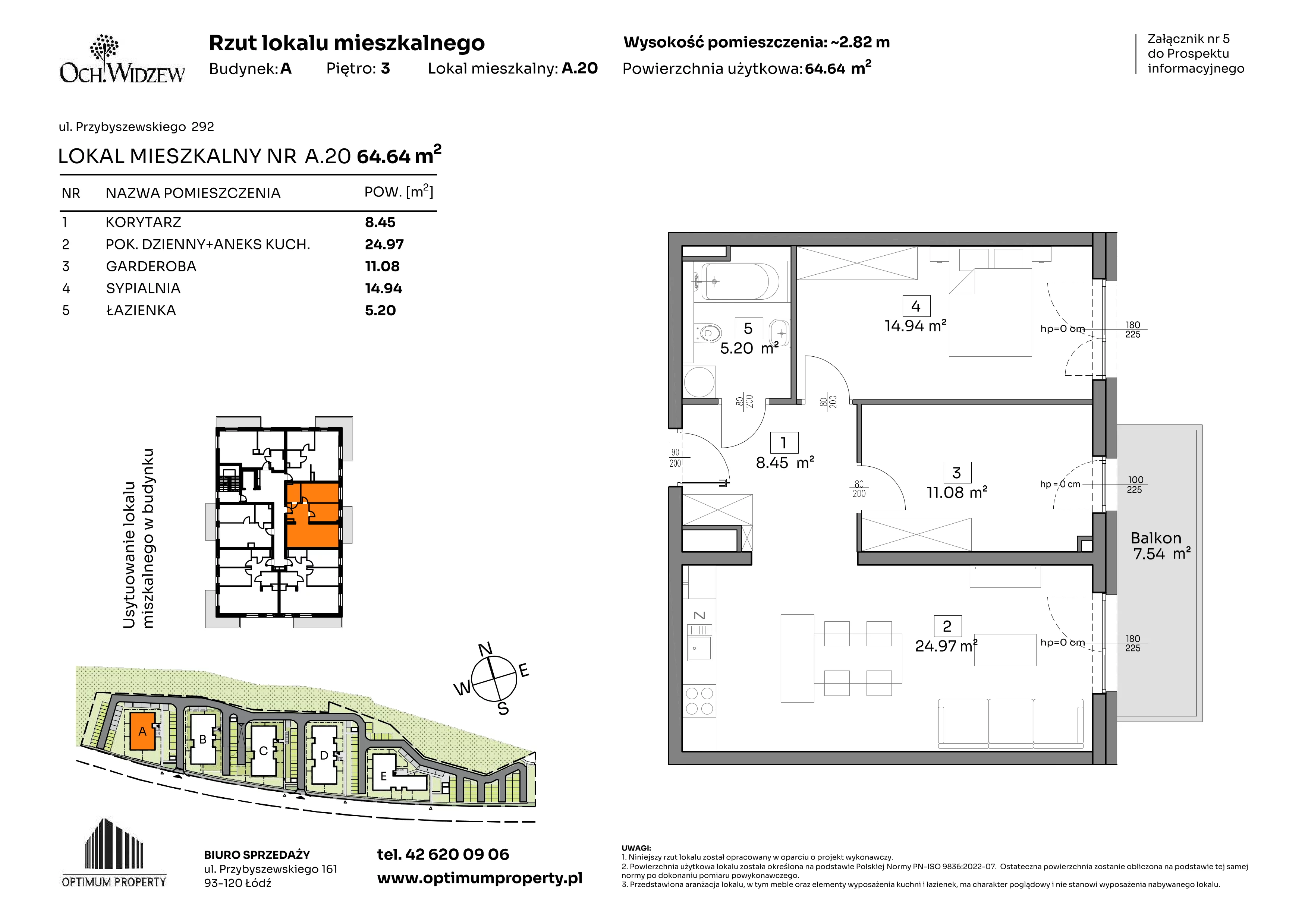 2 pokoje, mieszkanie 64,64 m², piętro 3, oferta nr A.20, Och!Widzew, Łódź, Widzew, ul. Przybyszewskiego 292-300