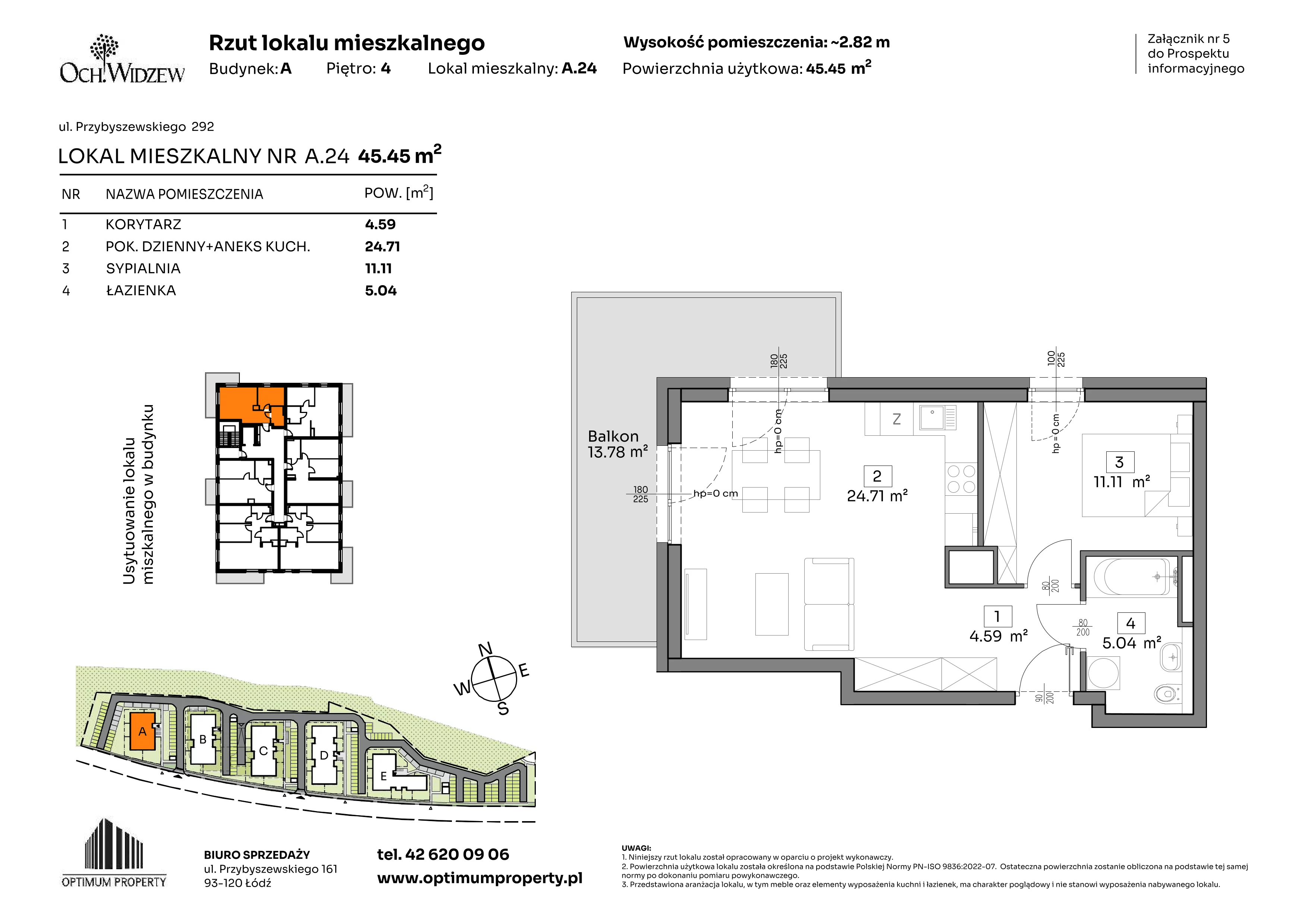 2 pokoje, mieszkanie 45,45 m², piętro 4, oferta nr A.24, Och!Widzew, Łódź, Widzew, ul. Przybyszewskiego 292-300