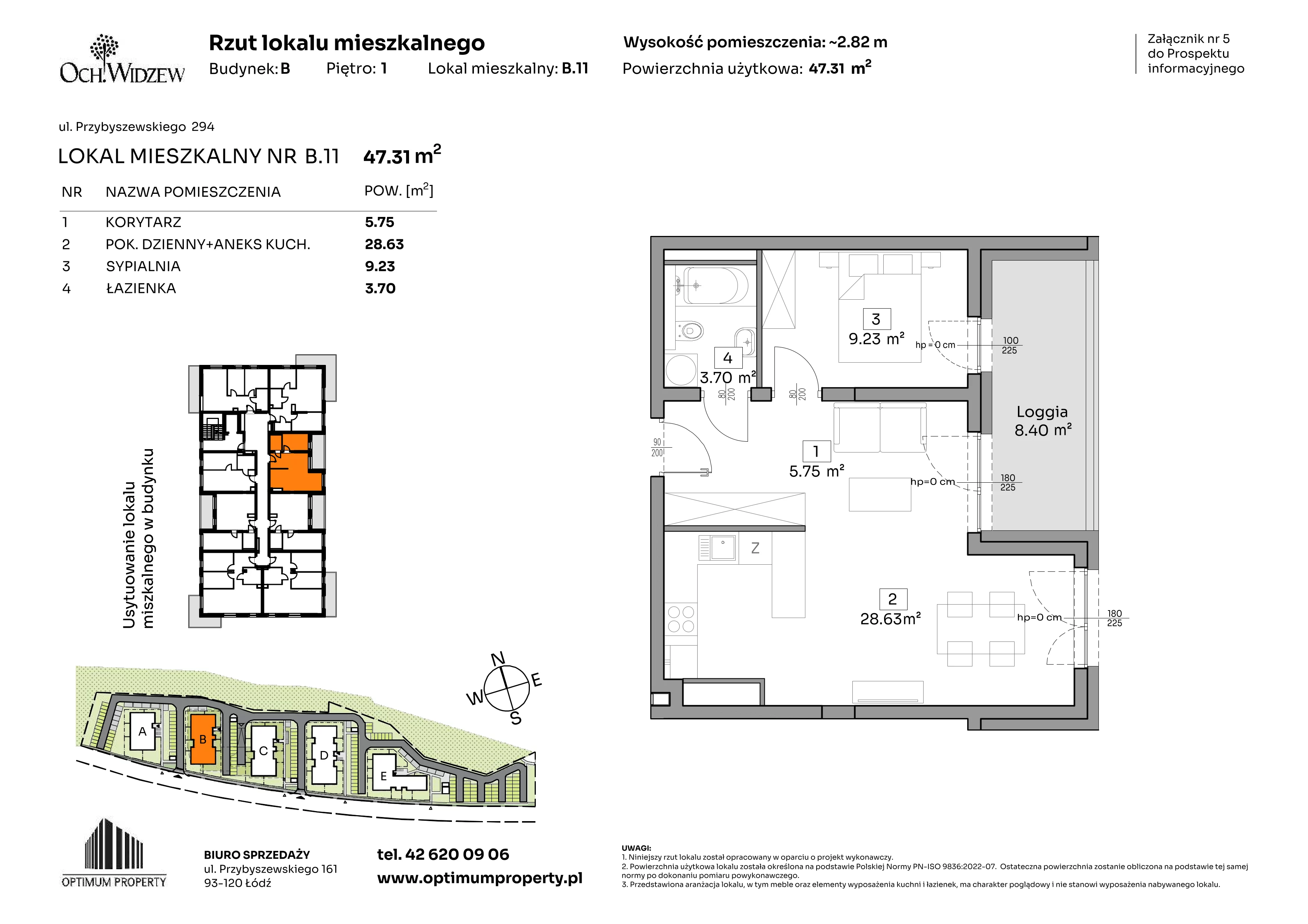 2 pokoje, mieszkanie 47,31 m², piętro 1, oferta nr B.11, Och!Widzew, Łódź, Widzew, ul. Przybyszewskiego 292-300