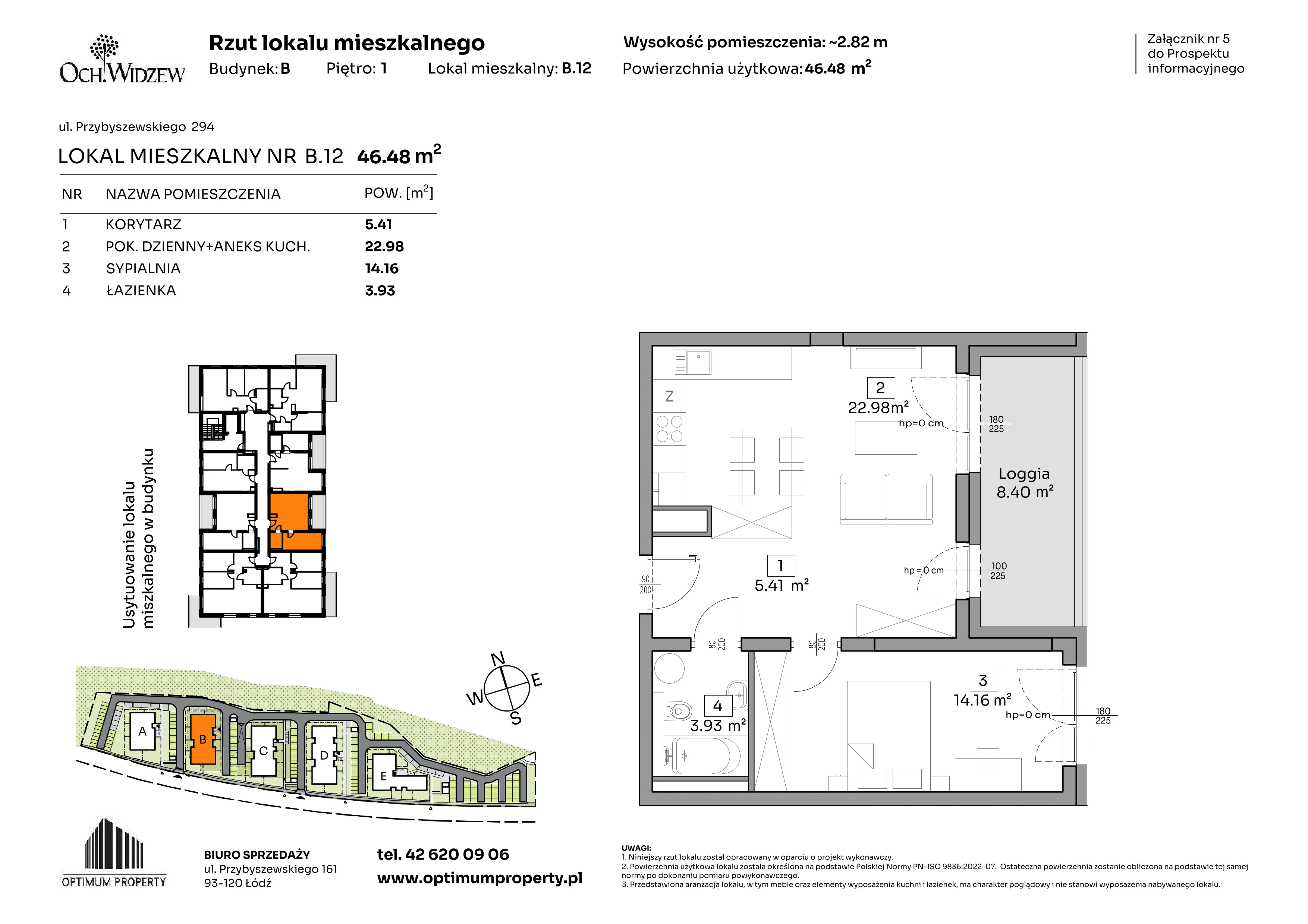 2 pokoje, mieszkanie 46,48 m², piętro 1, oferta nr B.12, Och!Widzew, Łódź, Widzew, ul. Przybyszewskiego 292-300