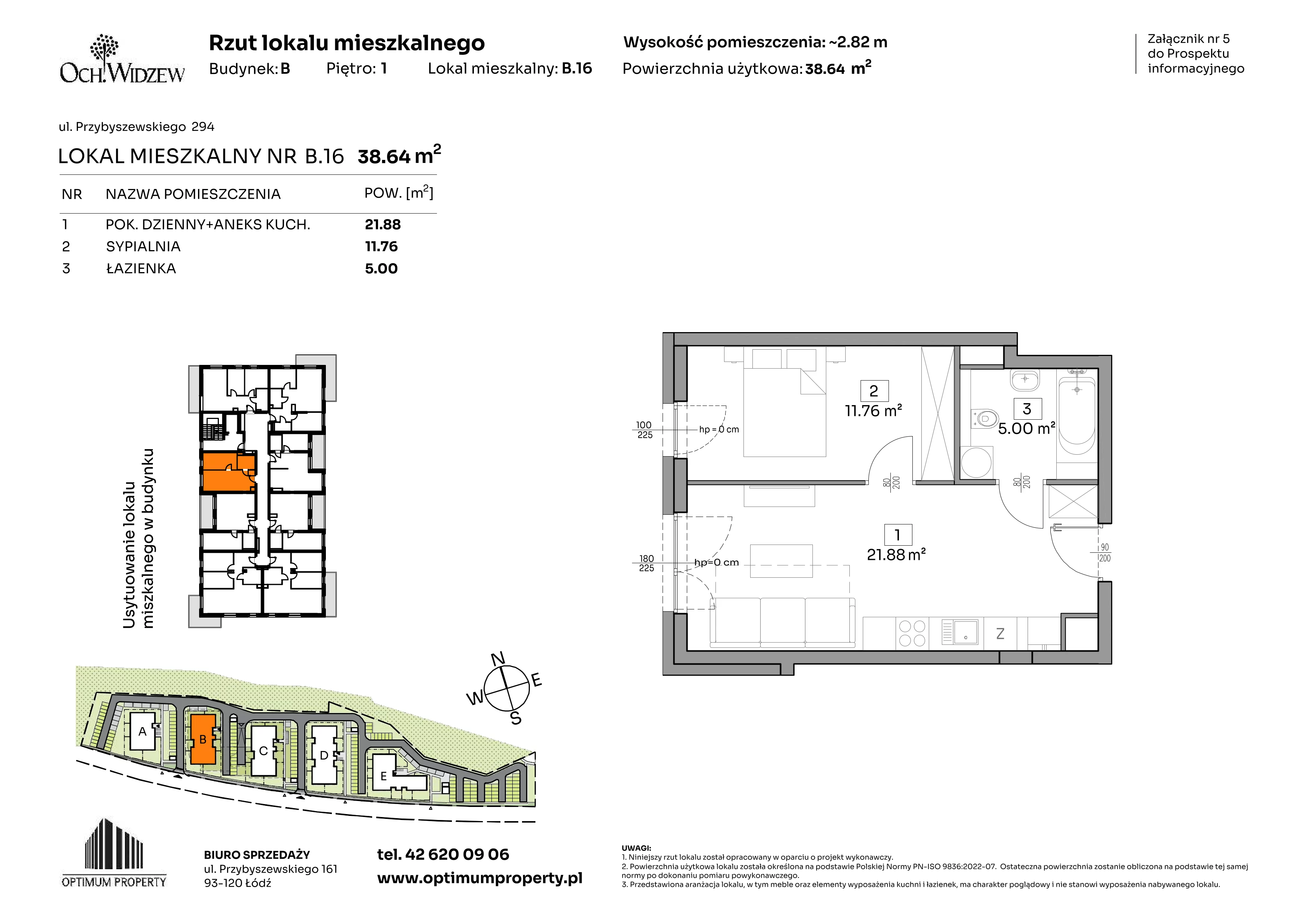 2 pokoje, mieszkanie 38,64 m², piętro 1, oferta nr B.16, Och!Widzew, Łódź, Widzew, ul. Przybyszewskiego 292-300