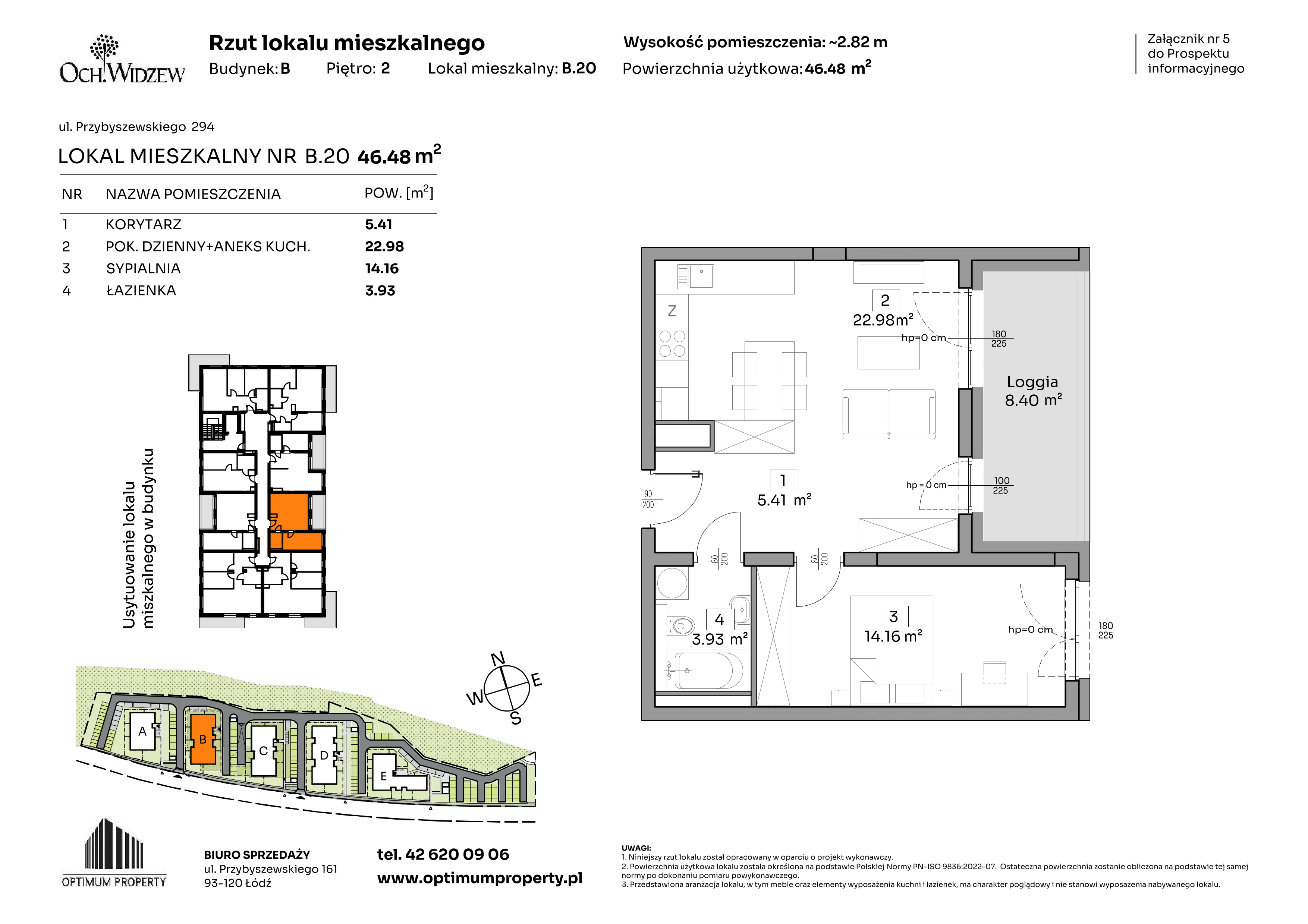 2 pokoje, mieszkanie 46,48 m², piętro 2, oferta nr B.20, Och!Widzew, Łódź, Widzew, ul. Przybyszewskiego 292-300