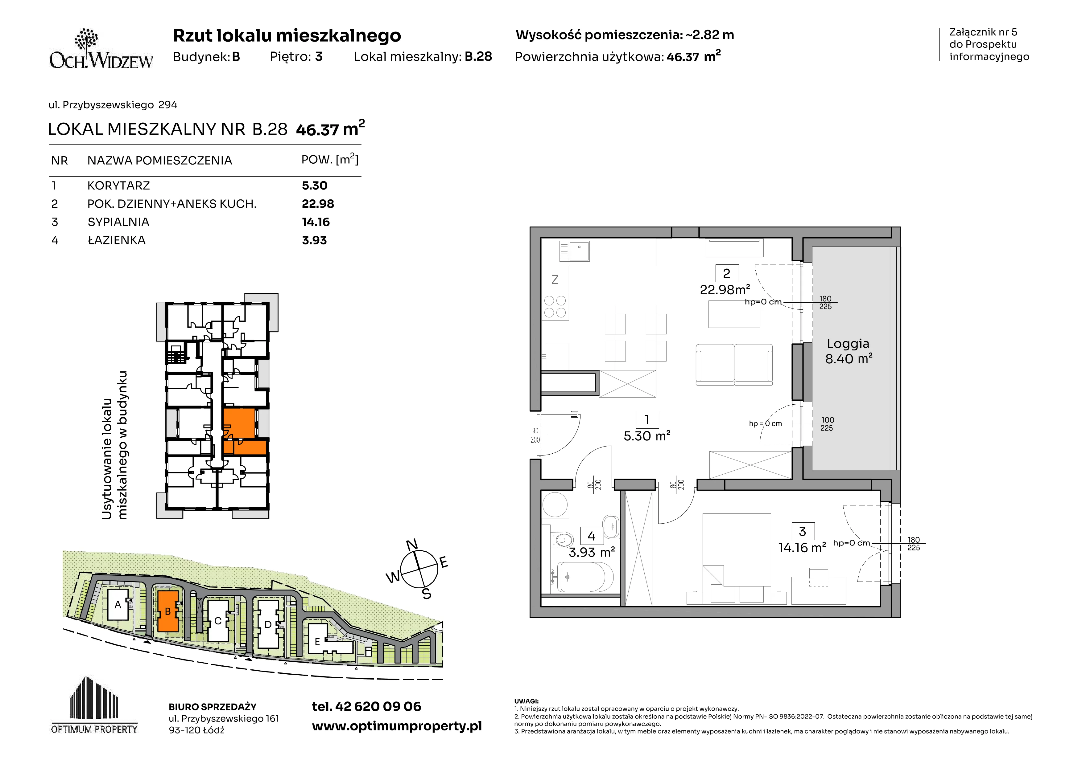 2 pokoje, mieszkanie 46,37 m², piętro 3, oferta nr B.28, Och!Widzew, Łódź, Widzew, ul. Przybyszewskiego 292-300