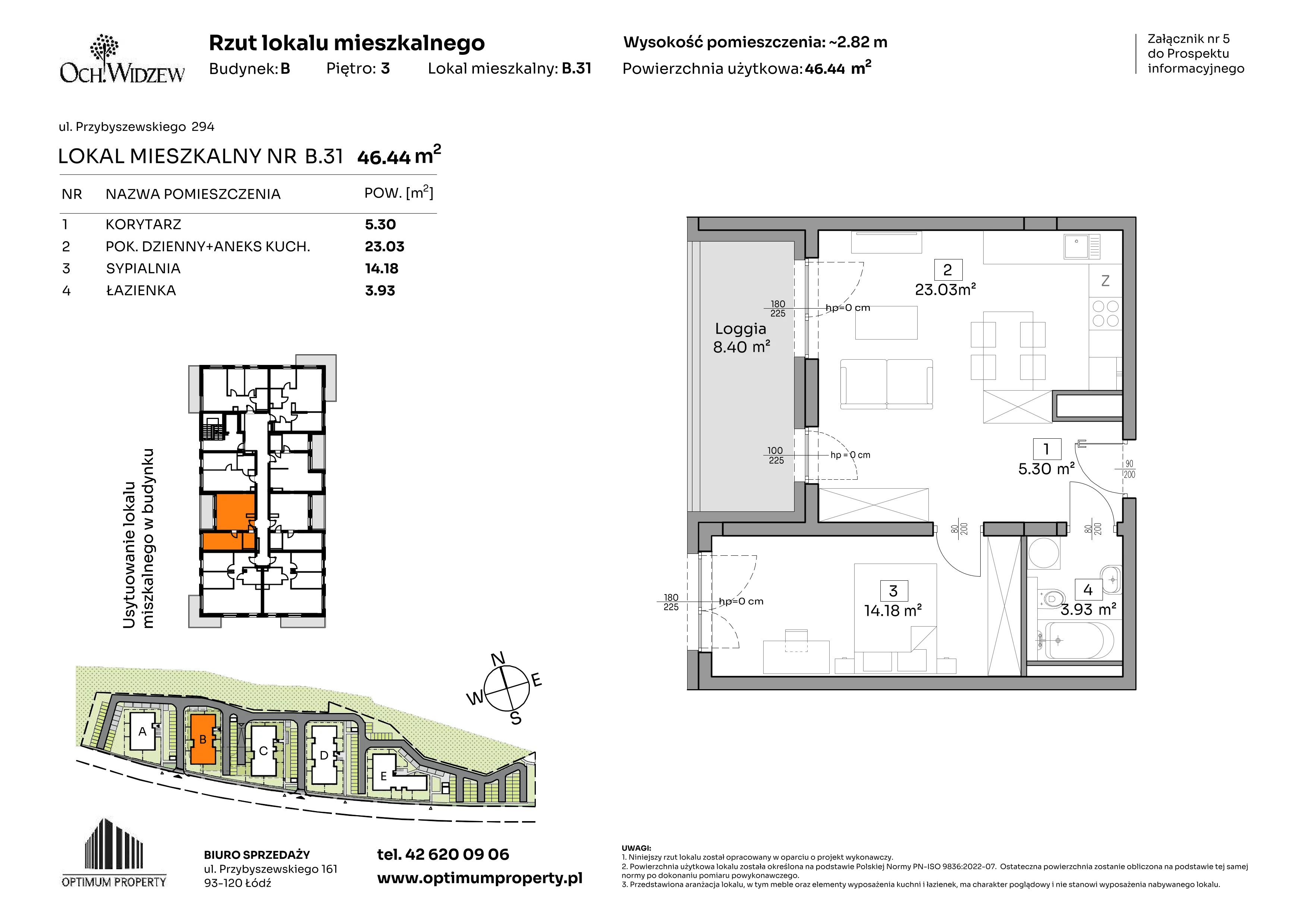 2 pokoje, mieszkanie 46,44 m², piętro 3, oferta nr B.31, Och!Widzew, Łódź, Widzew, ul. Przybyszewskiego 292-300