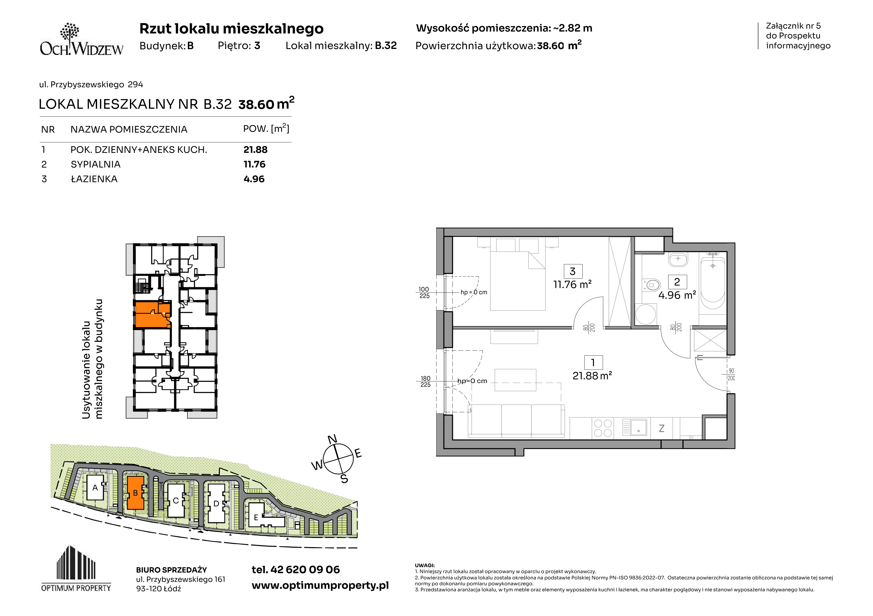 2 pokoje, mieszkanie 38,60 m², piętro 3, oferta nr B.32, Och!Widzew, Łódź, Widzew, ul. Przybyszewskiego 292-300