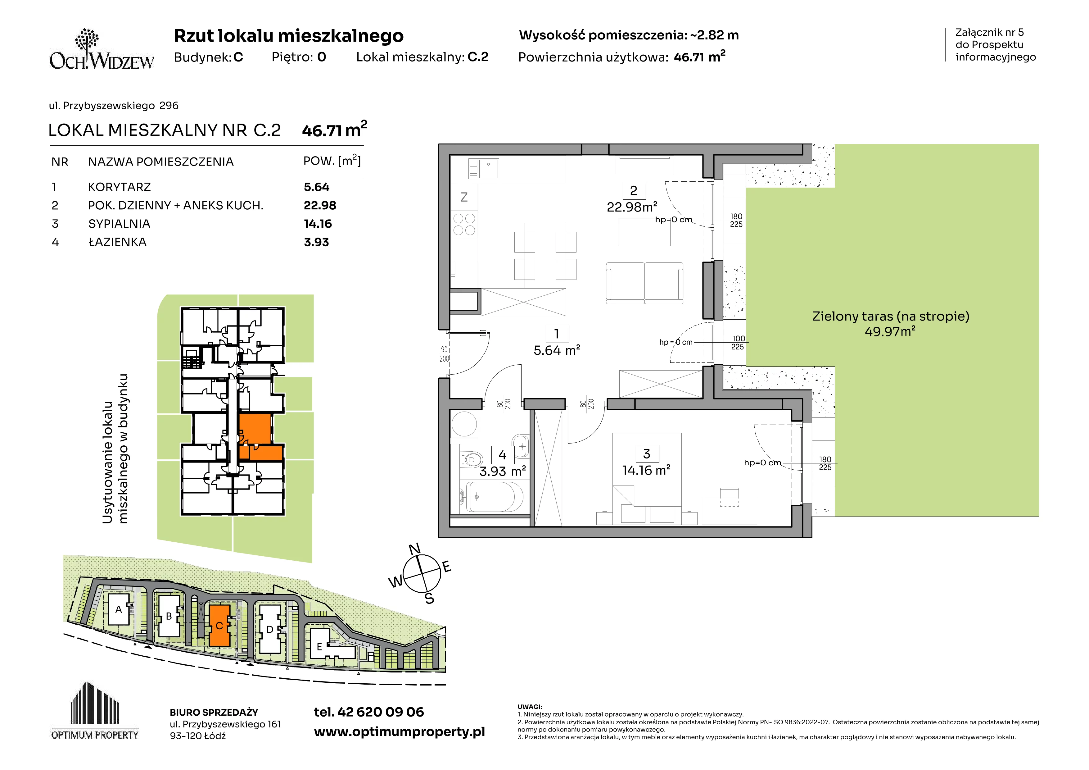2 pokoje, mieszkanie 46,71 m², parter, oferta nr C.2, Och!Widzew, Łódź, Widzew, ul. Przybyszewskiego 292-300